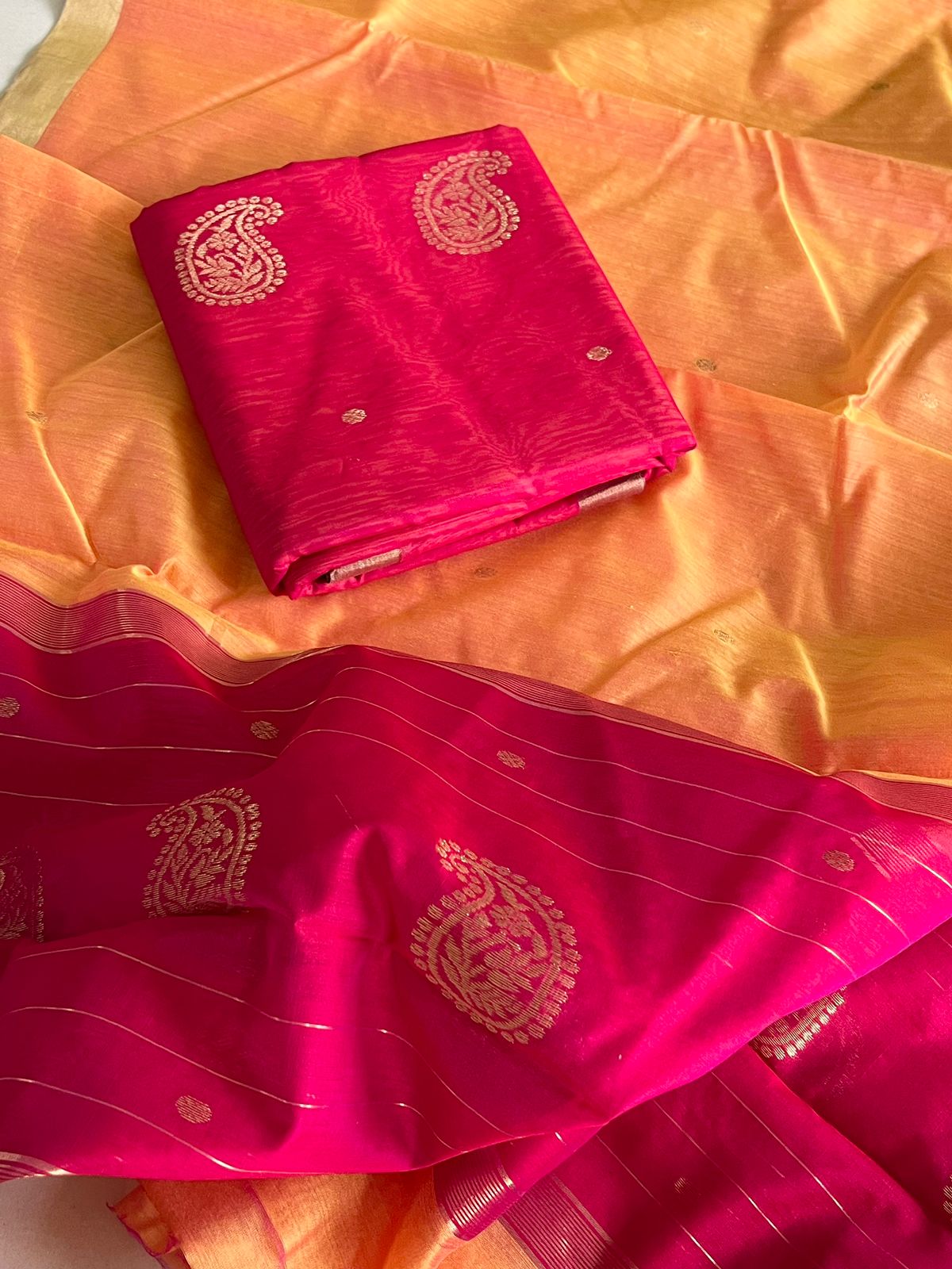 Pure Chanderi Silk zari Handwoven 3 piece Suits - Red with Sunset Orange