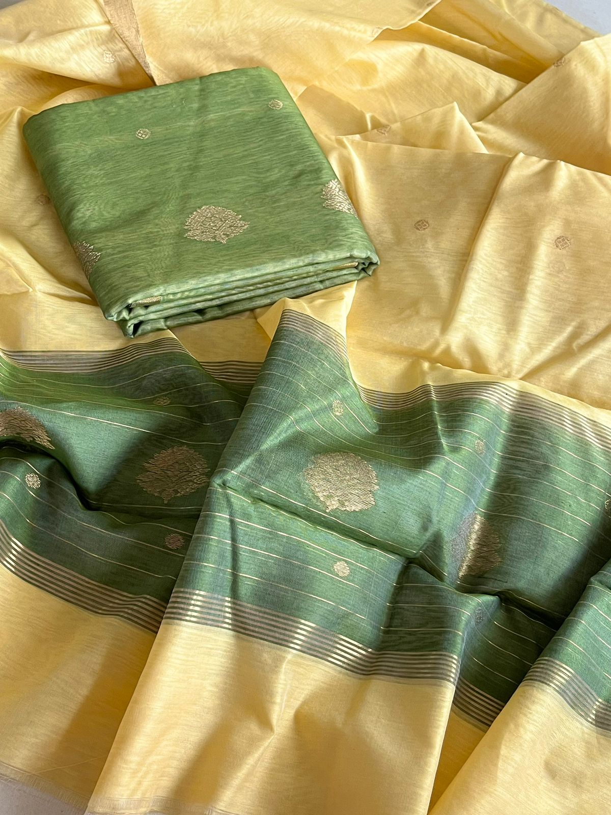 Pure Chanderi Silk zari Handwoven 3 piece Suits - Sage Green and Cream