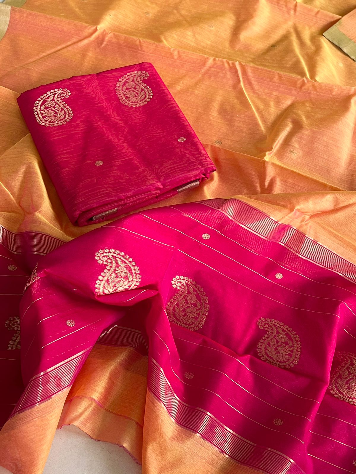 Pure Chanderi Silk zari Handwoven 3 piece Suits - Red with Sunset Orange