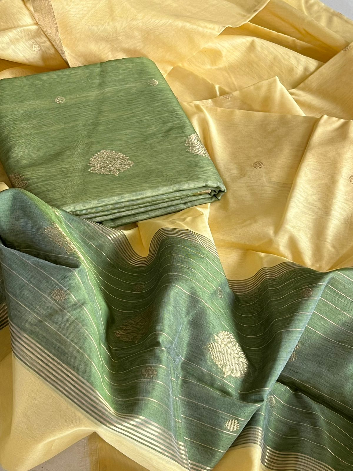 Pure Chanderi Silk zari Handwoven 3 piece Suits - Sage Green and Cream