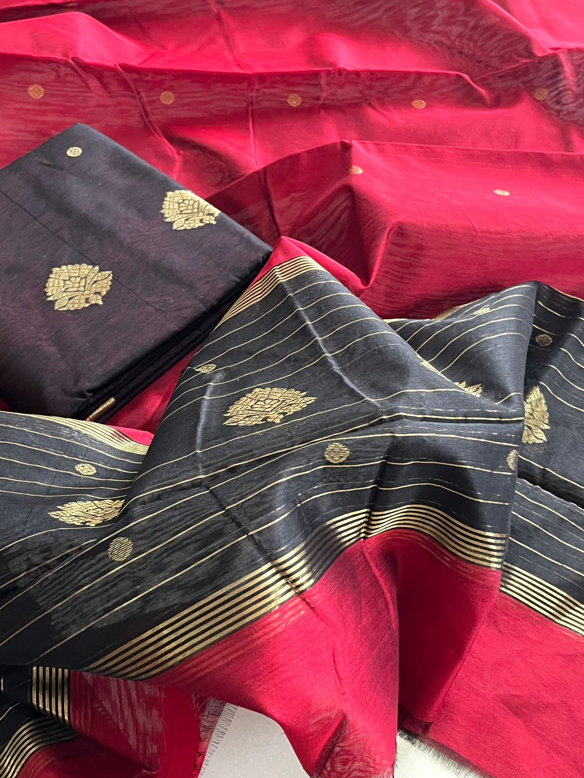 Pure Chanderi Silk zari Handwoven 3 piece Suits - Black and Red