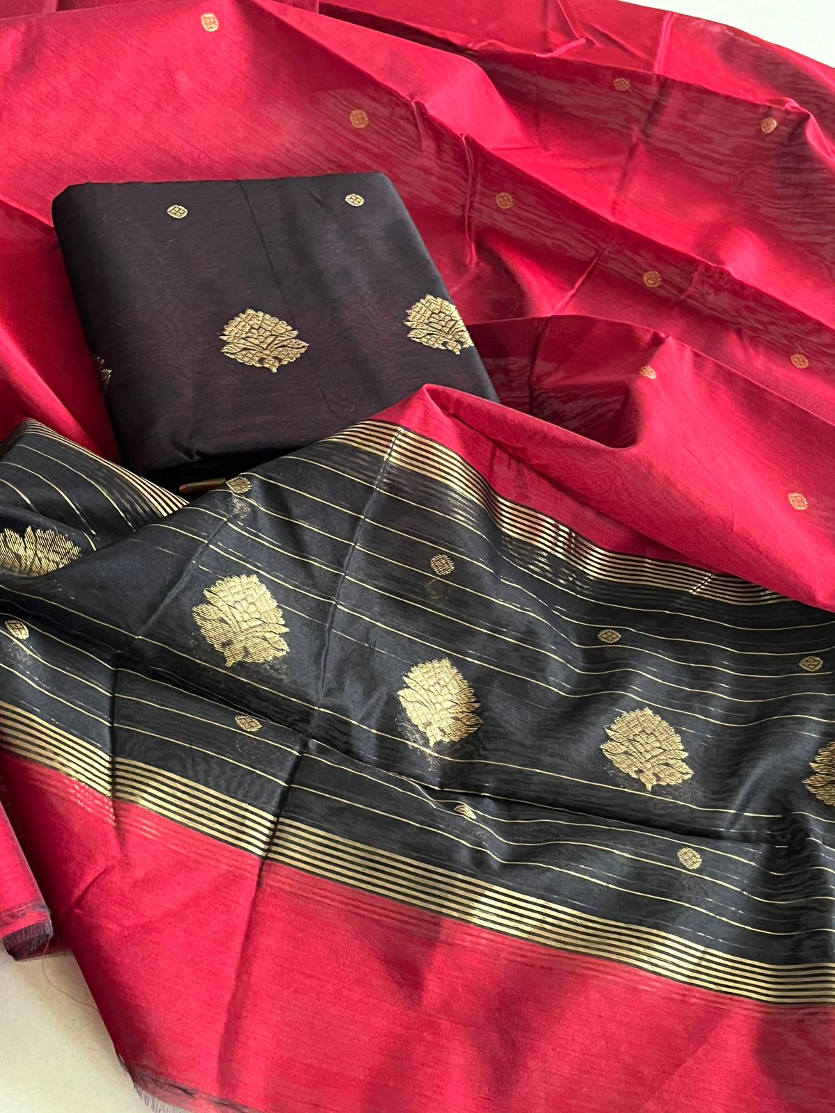 Pure Chanderi Silk zari Handwoven 3 piece Suits - Black and Red