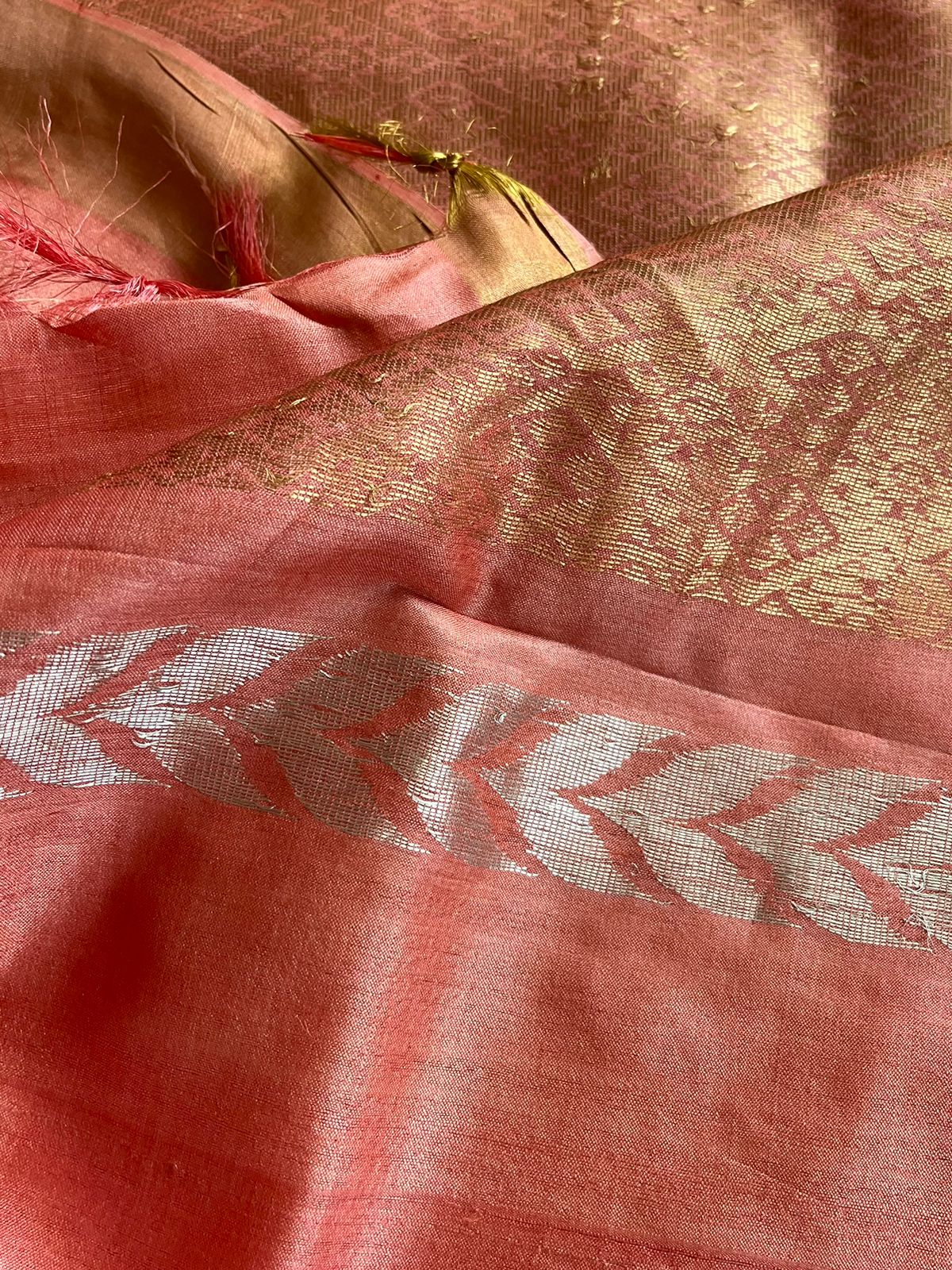 Pure Silk Handwoven Kosa Silk saree - Apricot Peach