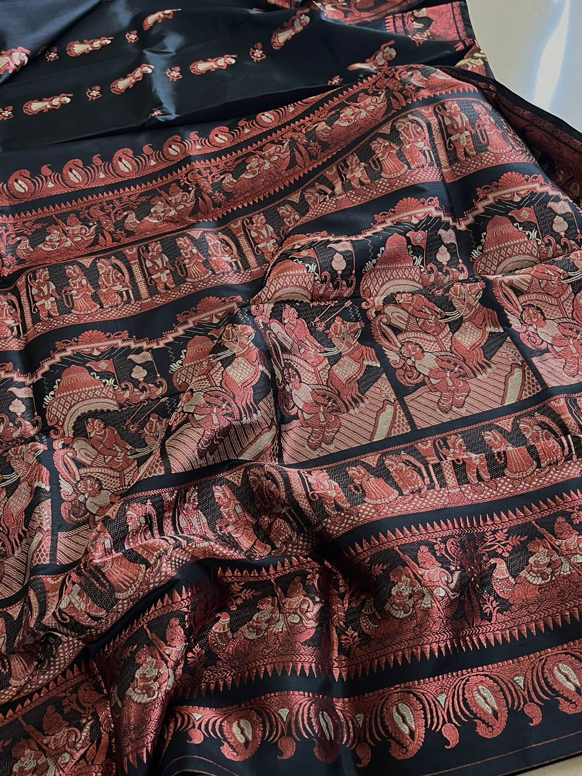 Exquisite Handwoven Pure Silk Baluchari saree - Black