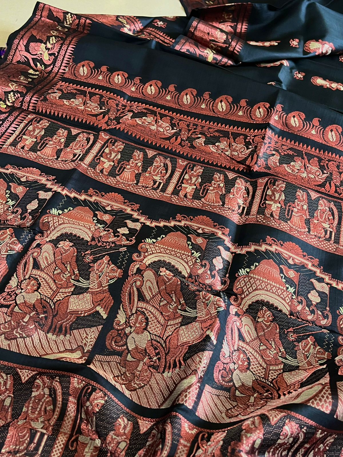 Exquisite Handwoven Pure Silk Baluchari saree - Black