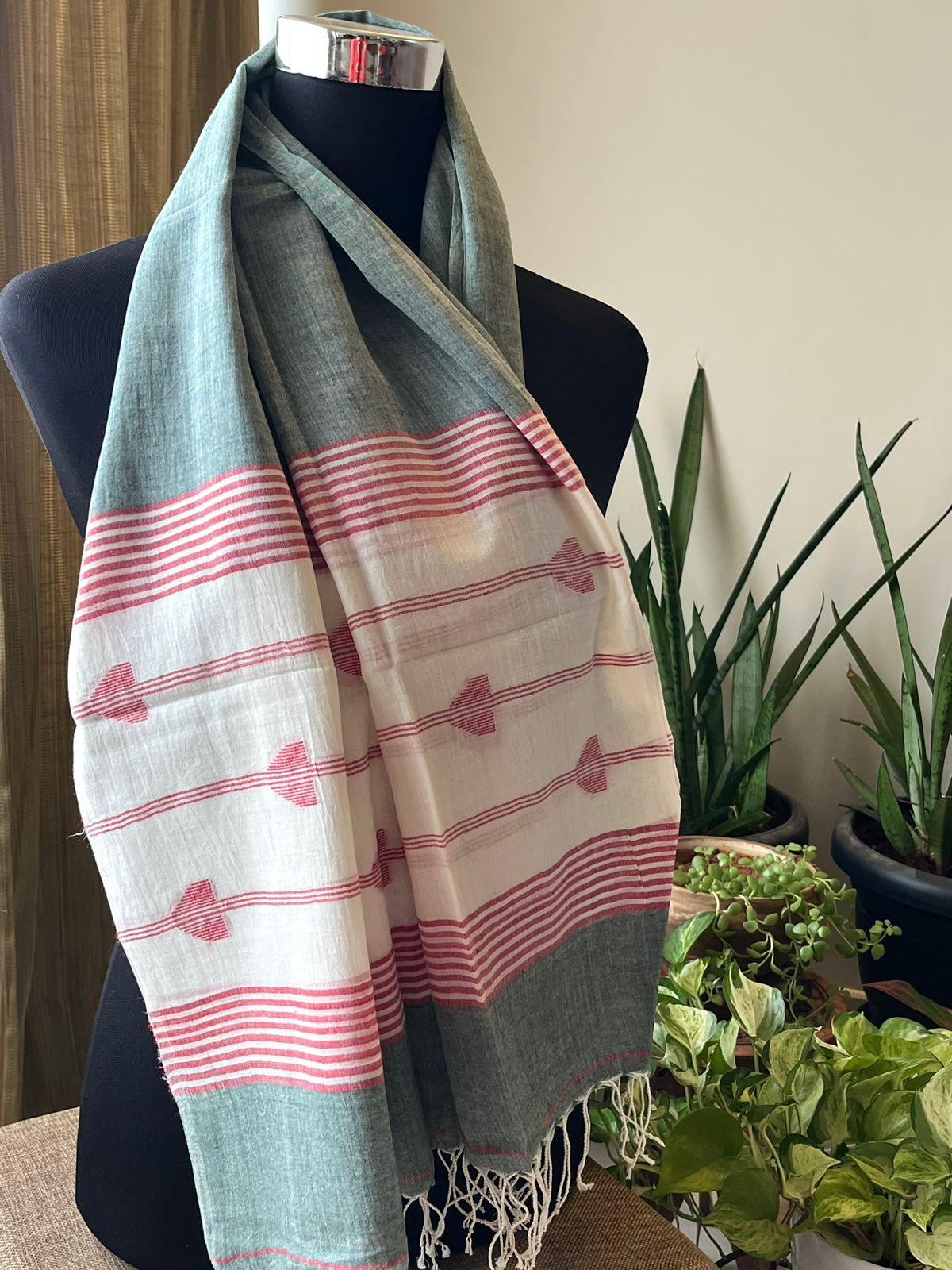 Soft Pure Cotton Jamdani Handloom Stole - Sage Green and Ivory White