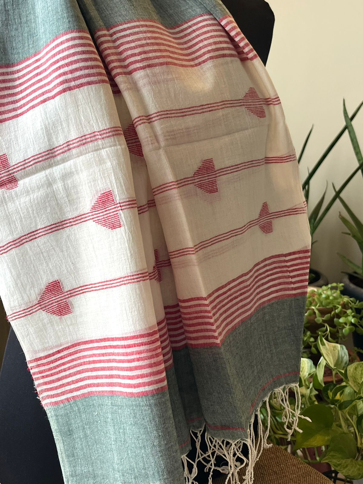 Soft Pure Cotton Jamdani Handloom Stole - Sage Green and Ivory White