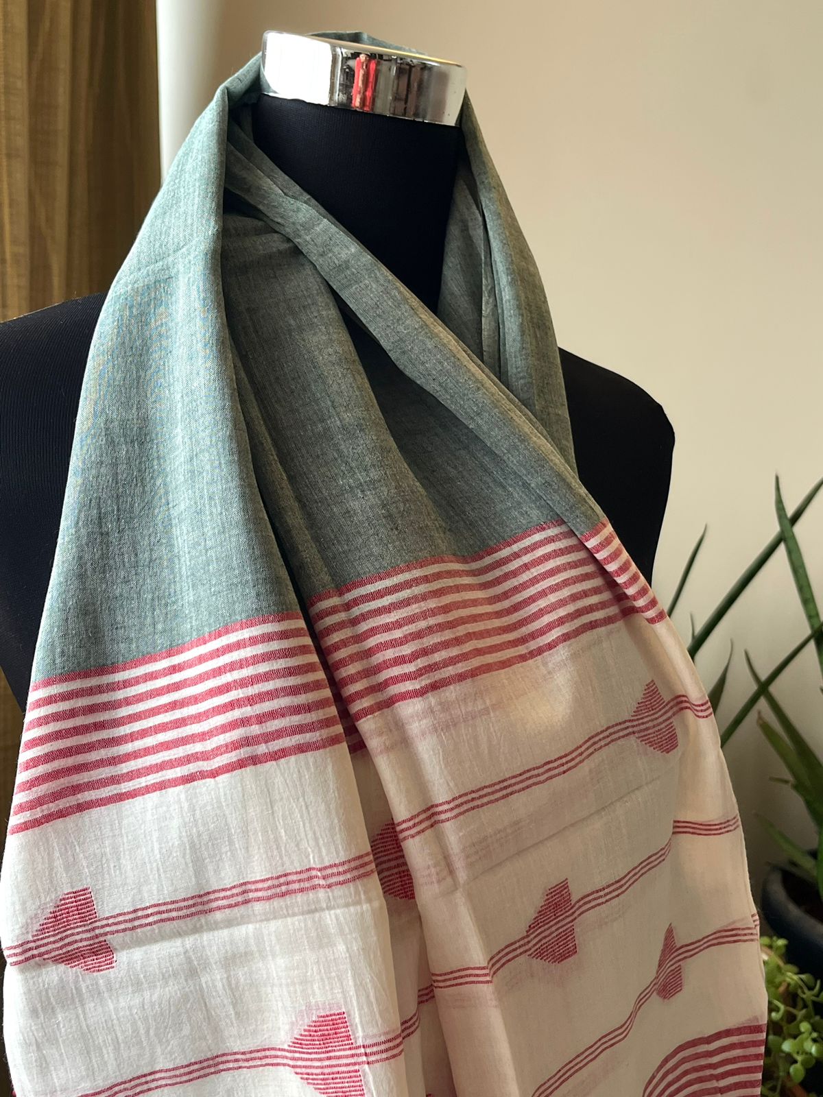 Soft Pure Cotton Jamdani Handloom Stole - Sage Green and Ivory White
