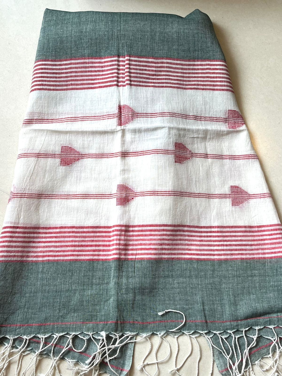 Soft Pure Cotton Jamdani Handloom Stole - Sage Green and Ivory White