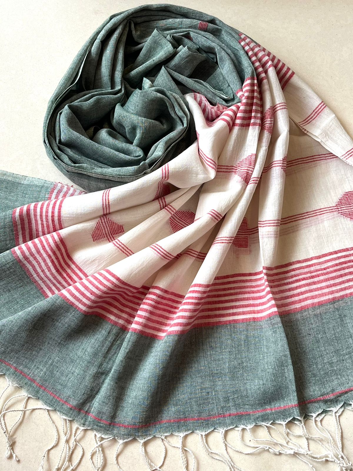 Soft Pure Cotton Jamdani Handloom Stole - Sage Green and Ivory White