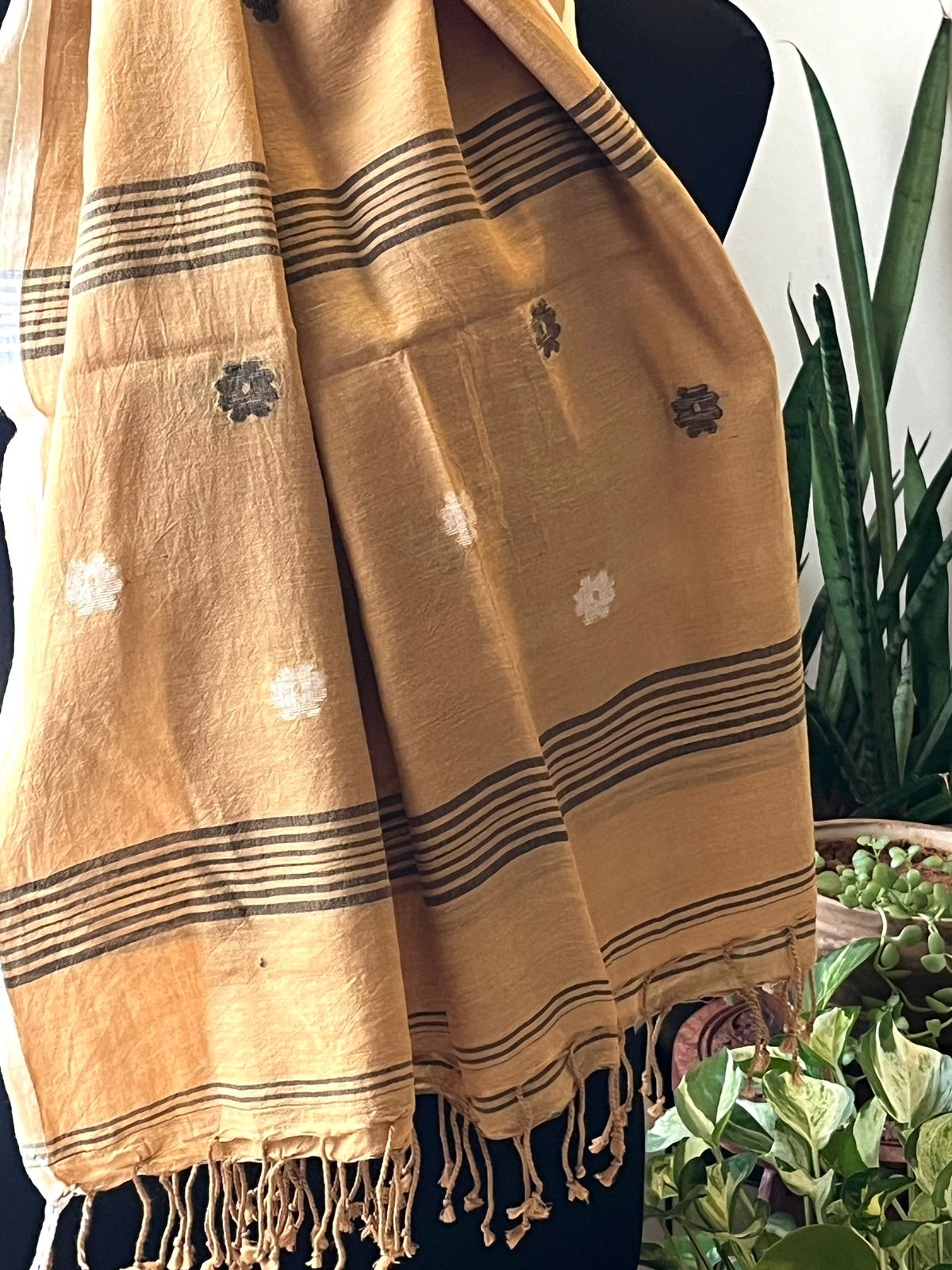 Soft Pure Cotton Jamdani Handloom Stole - Pale Caramel