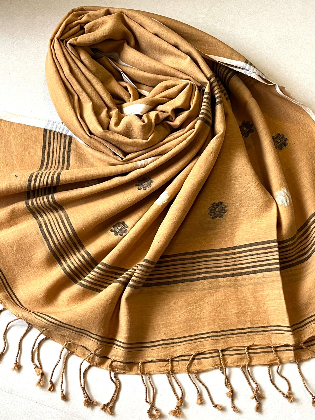 Soft Pure Cotton Jamdani Handloom Stole - Pale Caramel