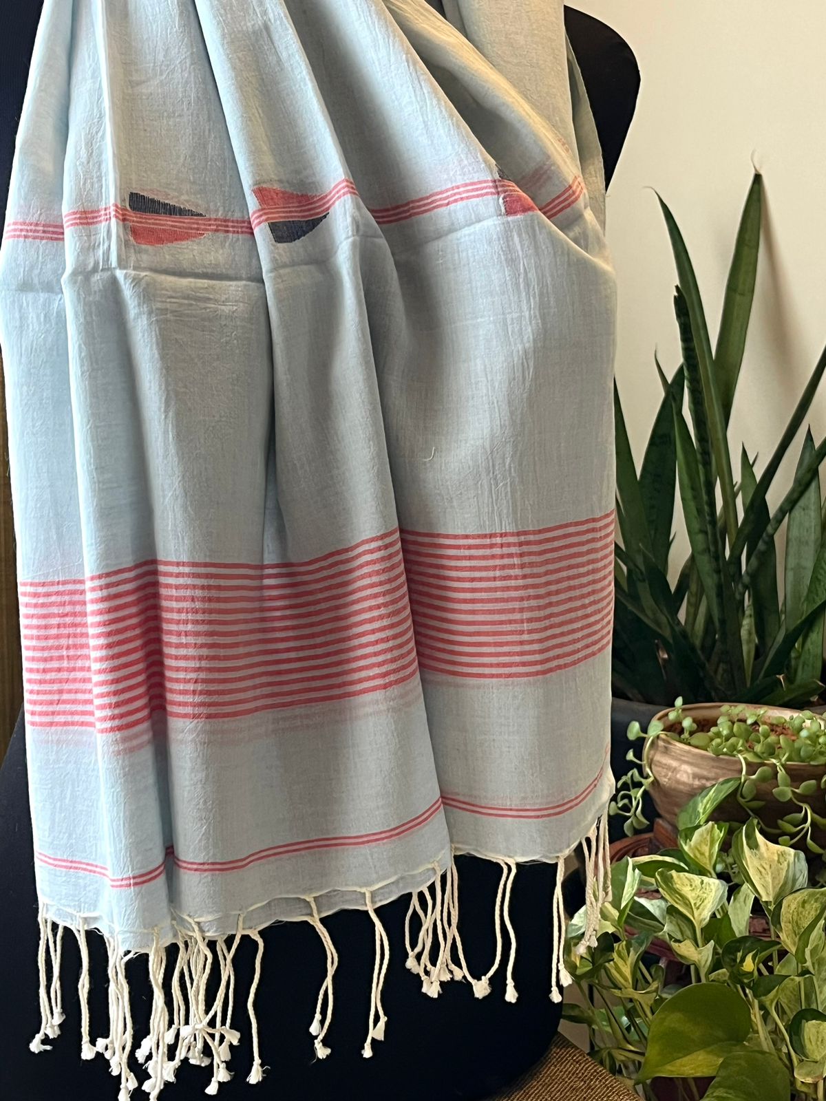 Soft Pure Cotton Jamdani Handloom Stole - Icy Blue