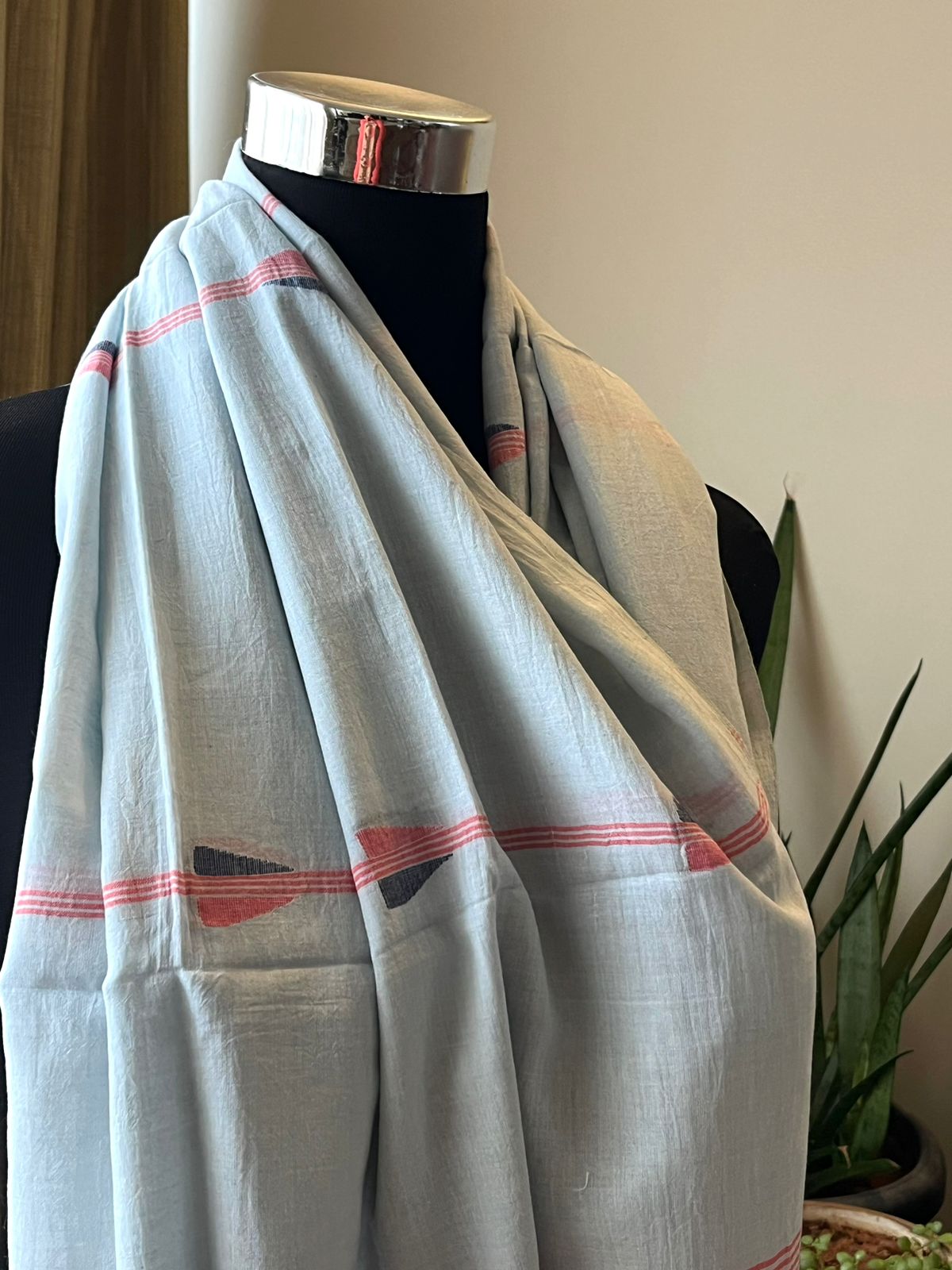 Soft Pure Cotton Jamdani Handloom Stole - Icy Blue