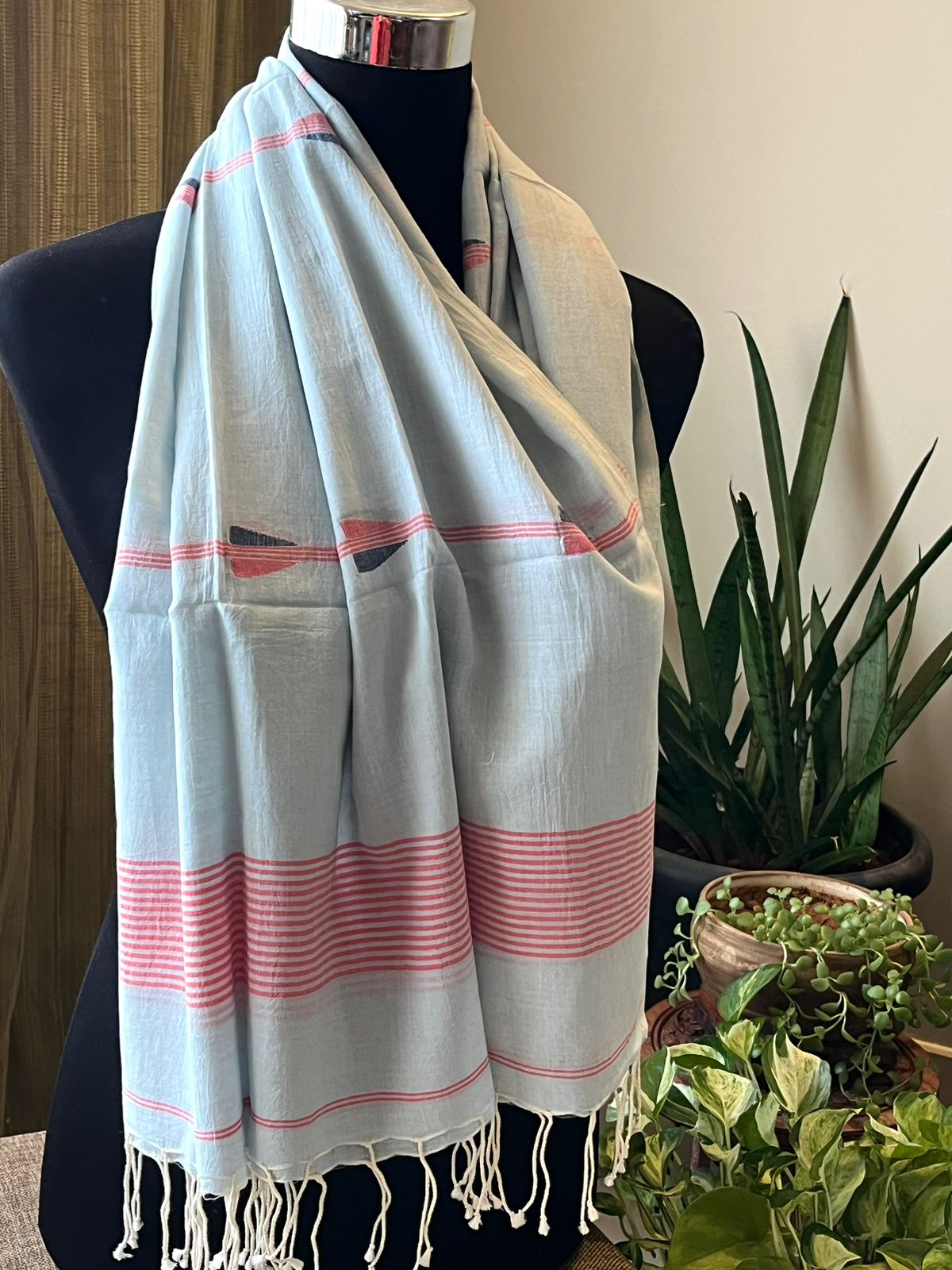 Soft Pure Cotton Jamdani Handloom Stole - Icy Blue