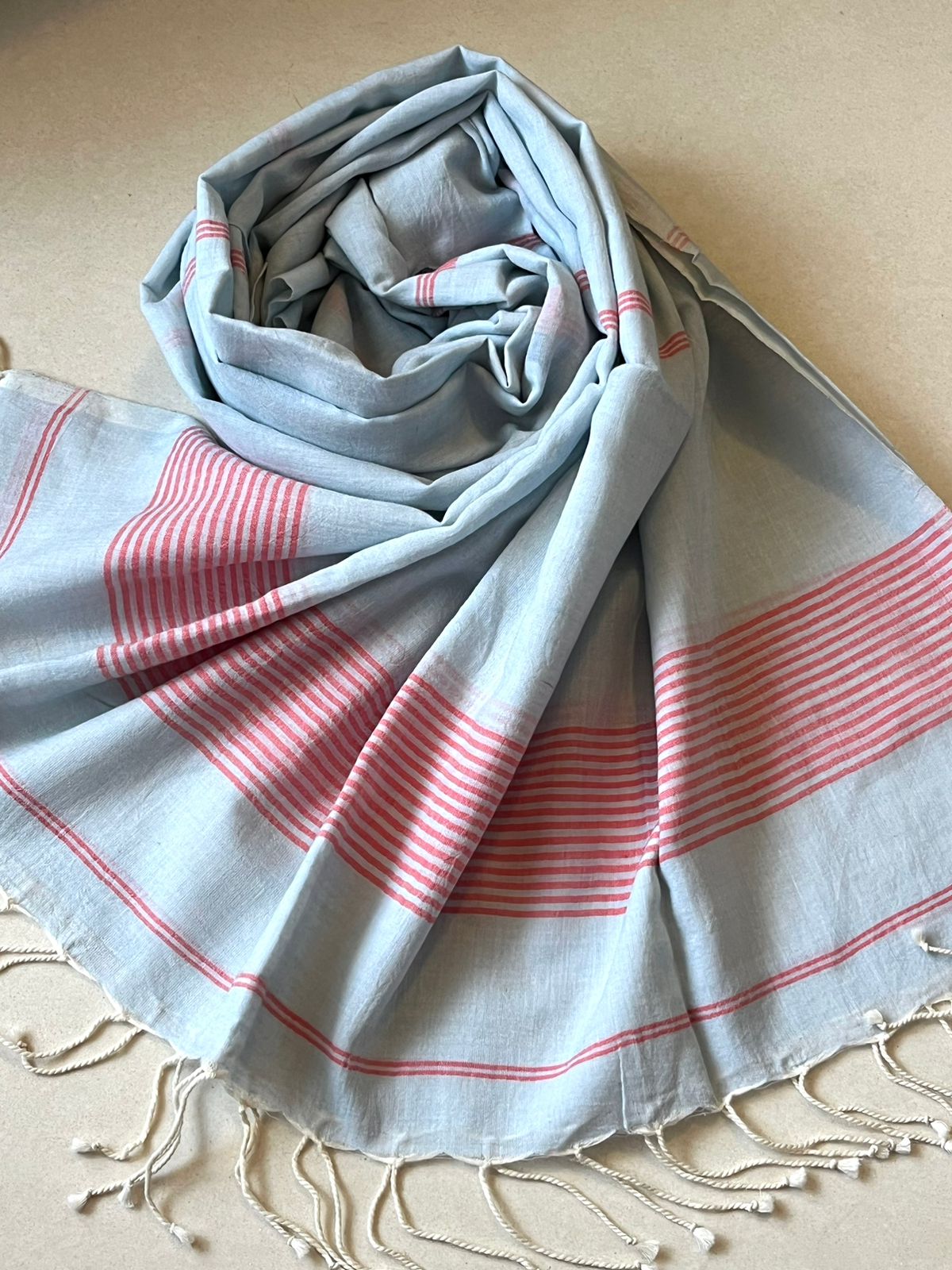 Soft Pure Cotton Jamdani Handloom Stole - Icy Blue
