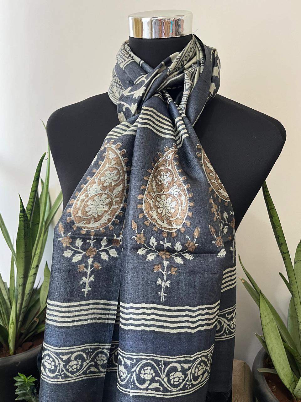 Pure Tussar Silk Handblock Printed Stole
