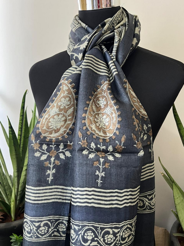 Image of Pure Tussar Silk Handblock Printed Stole