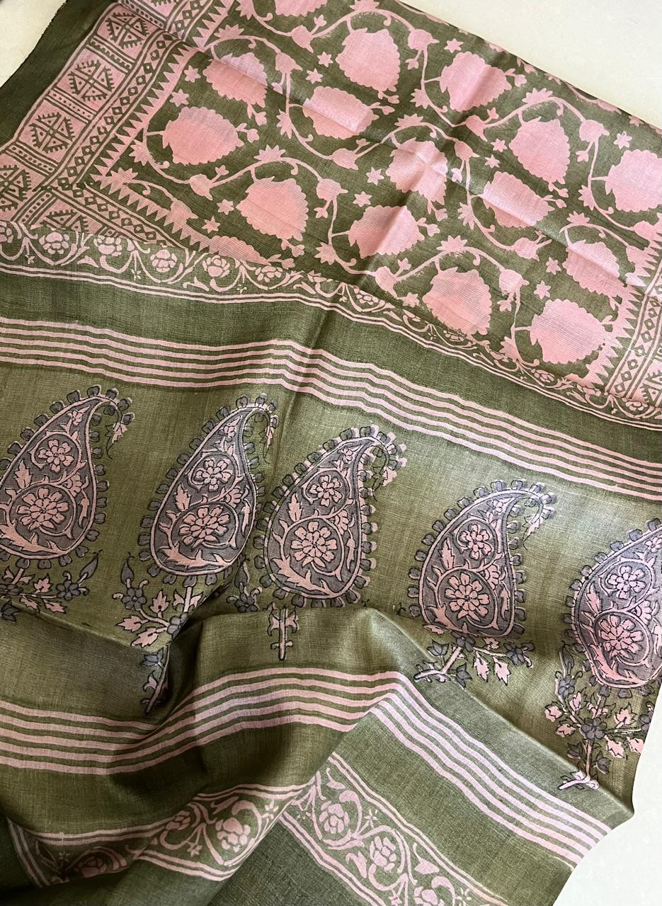 Pure Tussar Silk Handblock Printed Stole