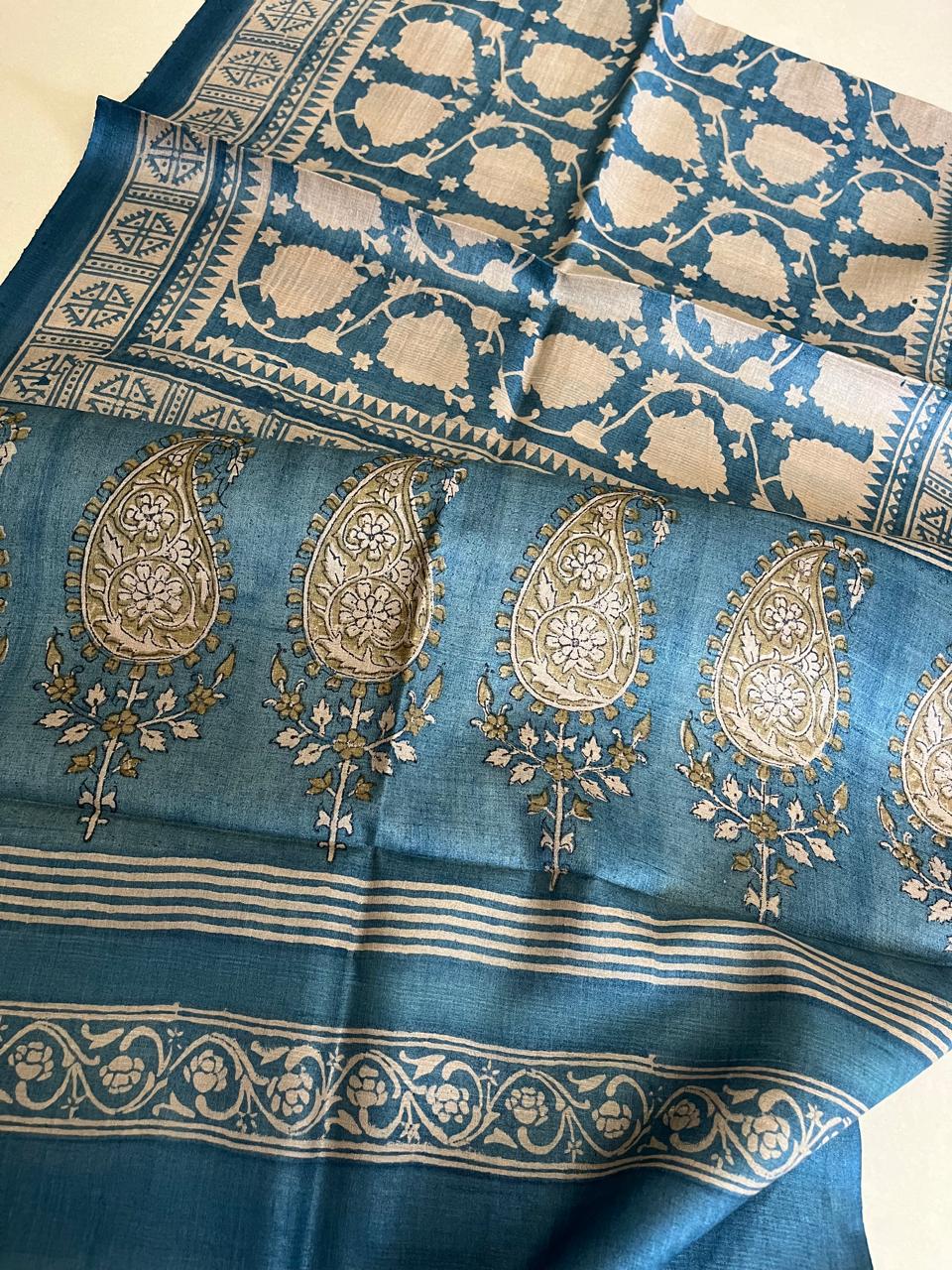 Pure Tussar Silk Handblock Printed Stole