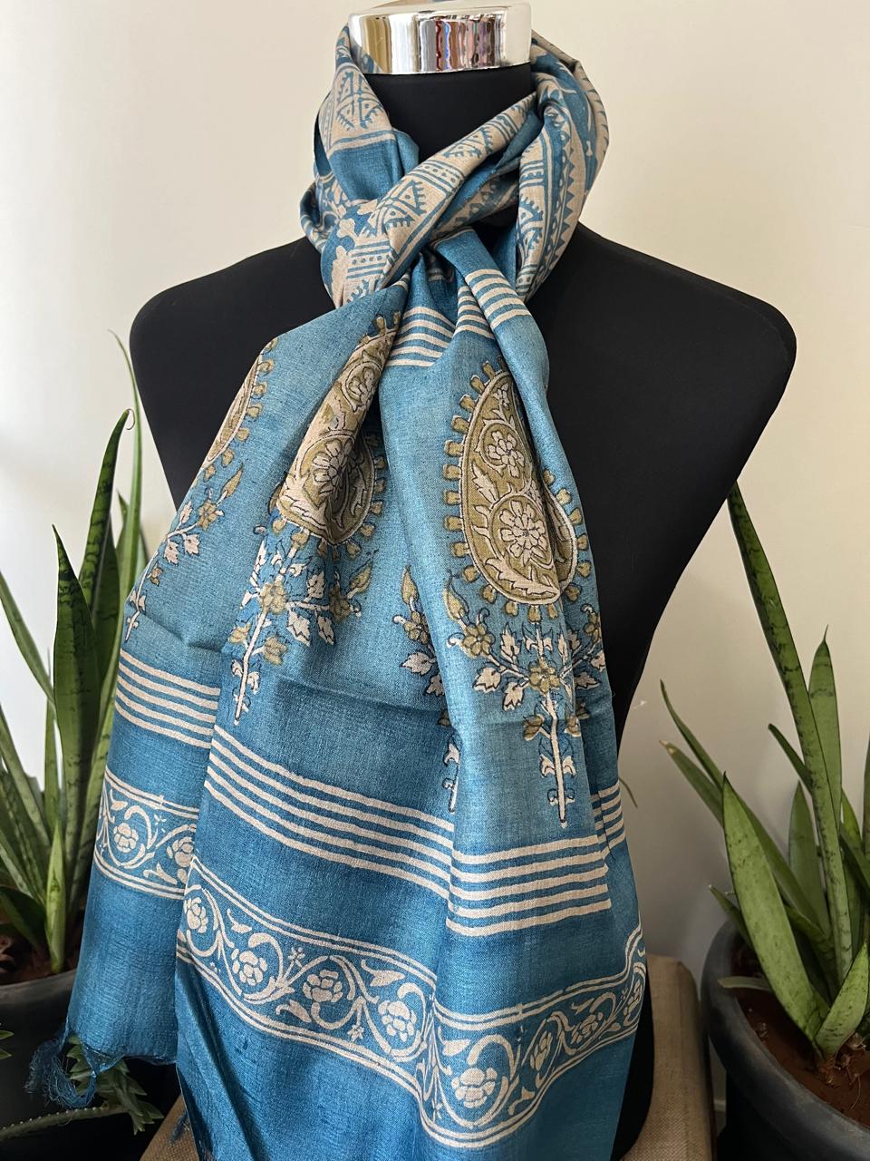 Pure Tussar Silk Handblock Printed Stole