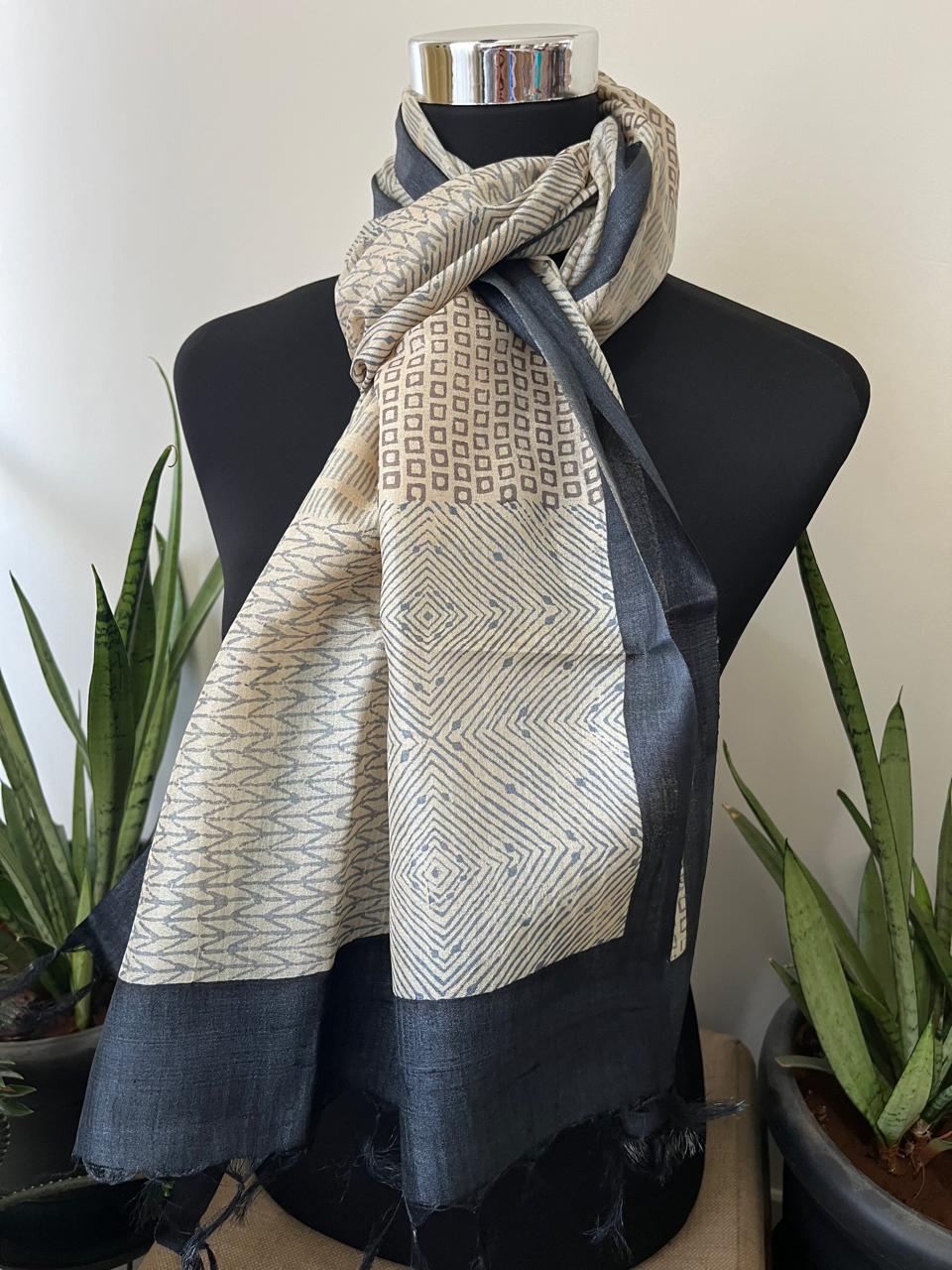 Pure Tussar Silk Handblock Printed Stole