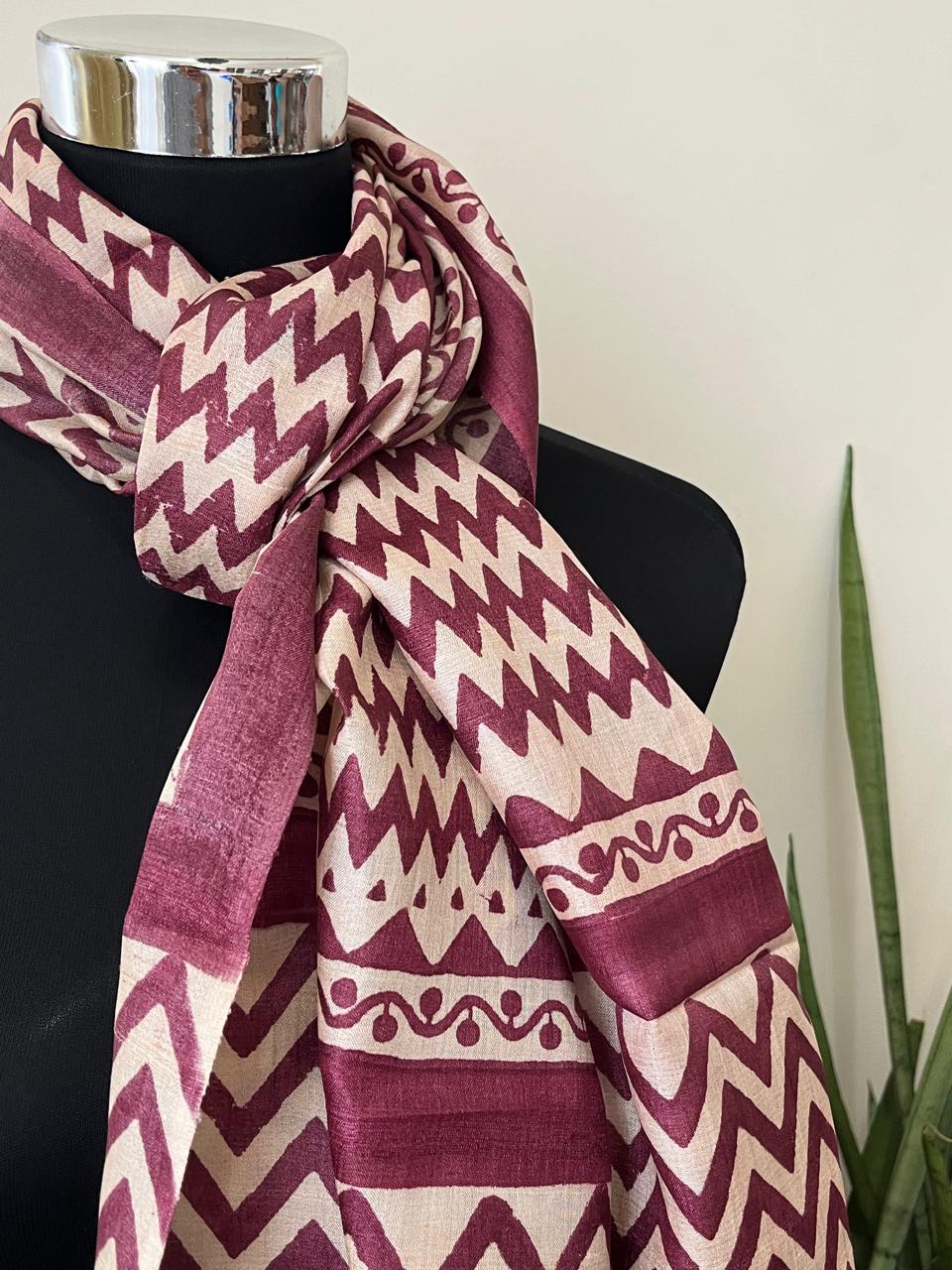 Pure Tussar Silk Handblock Printed Stole