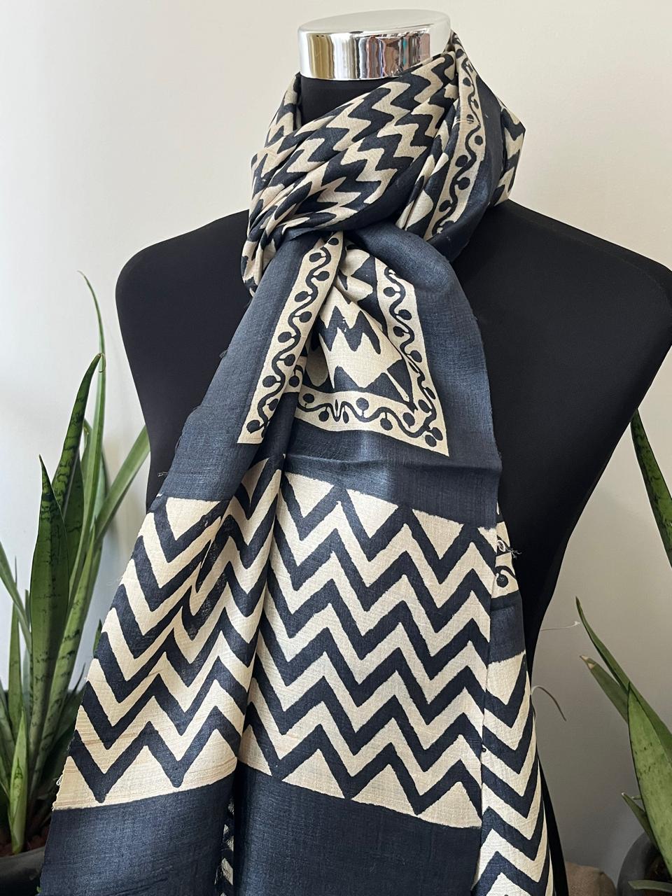 Pure Tussar Silk Handblock Printed Stole