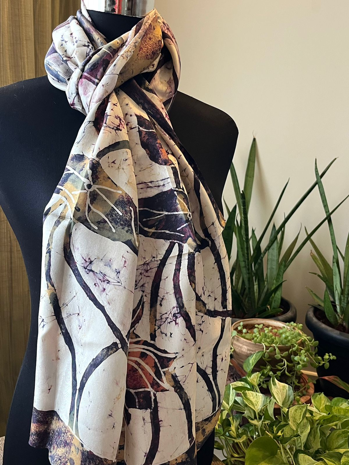 Pure Soft Silk Stole with Hand Wax Batik work