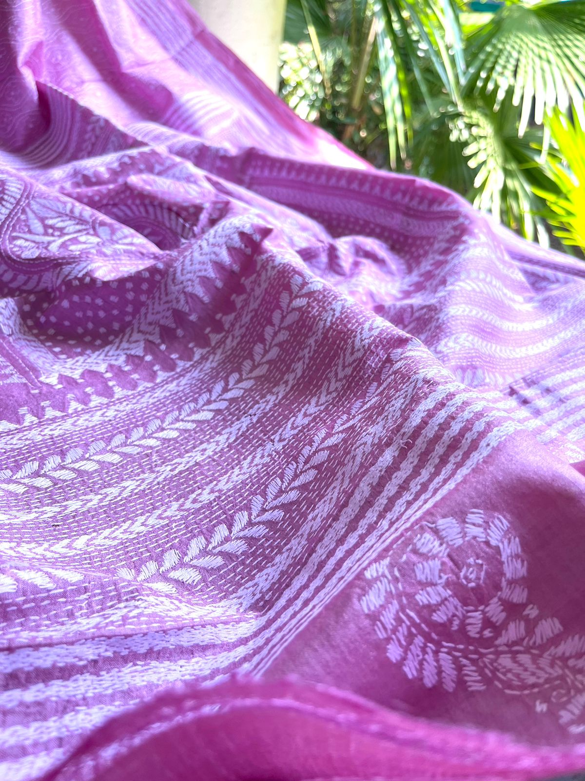 Pure Tussar Silk Handwoven Saree with hand Kantha Embroidery - Pastel Pink