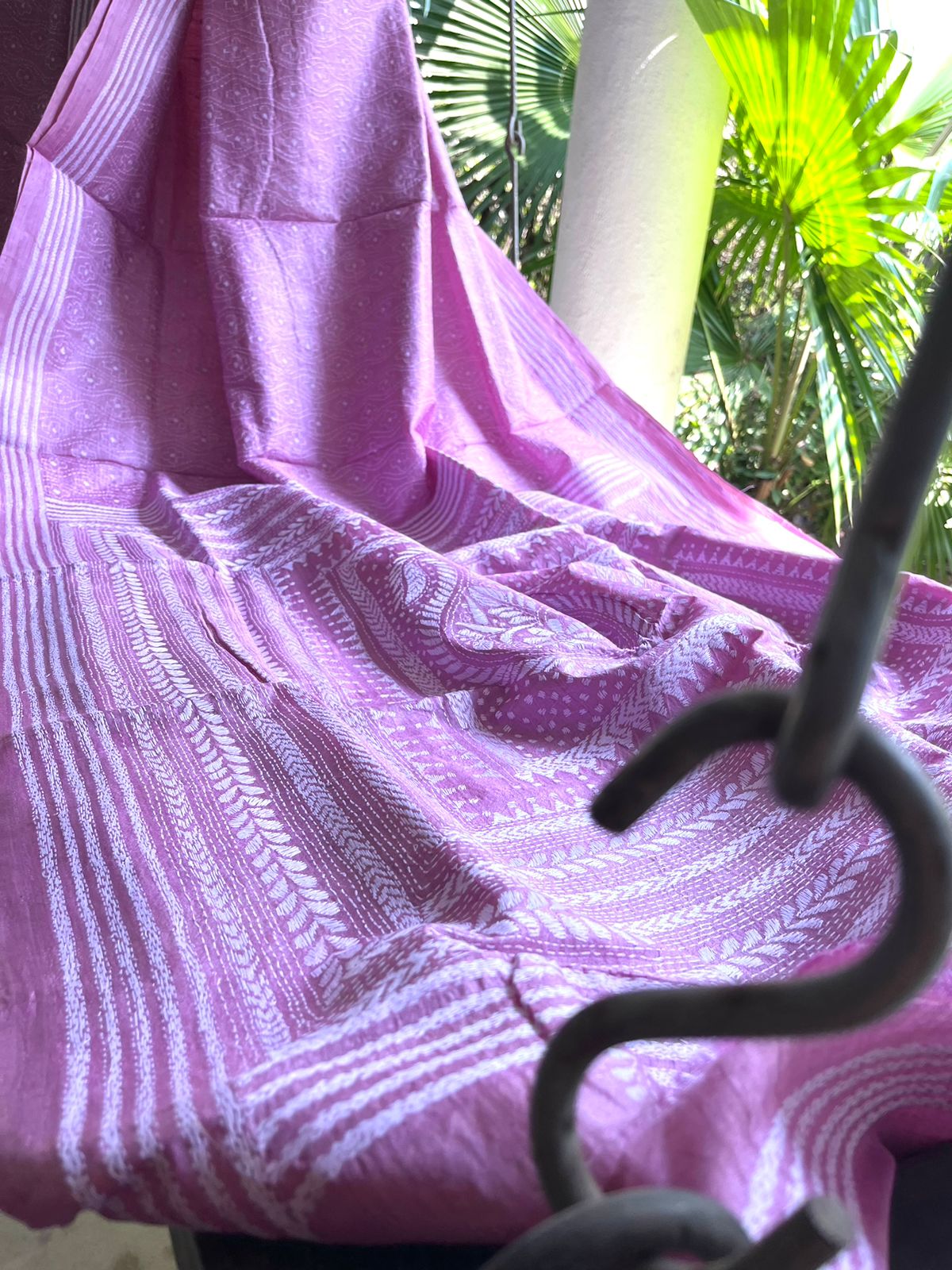 Pure Tussar Silk Handwoven Saree with hand Kantha Embroidery - Pastel Pink