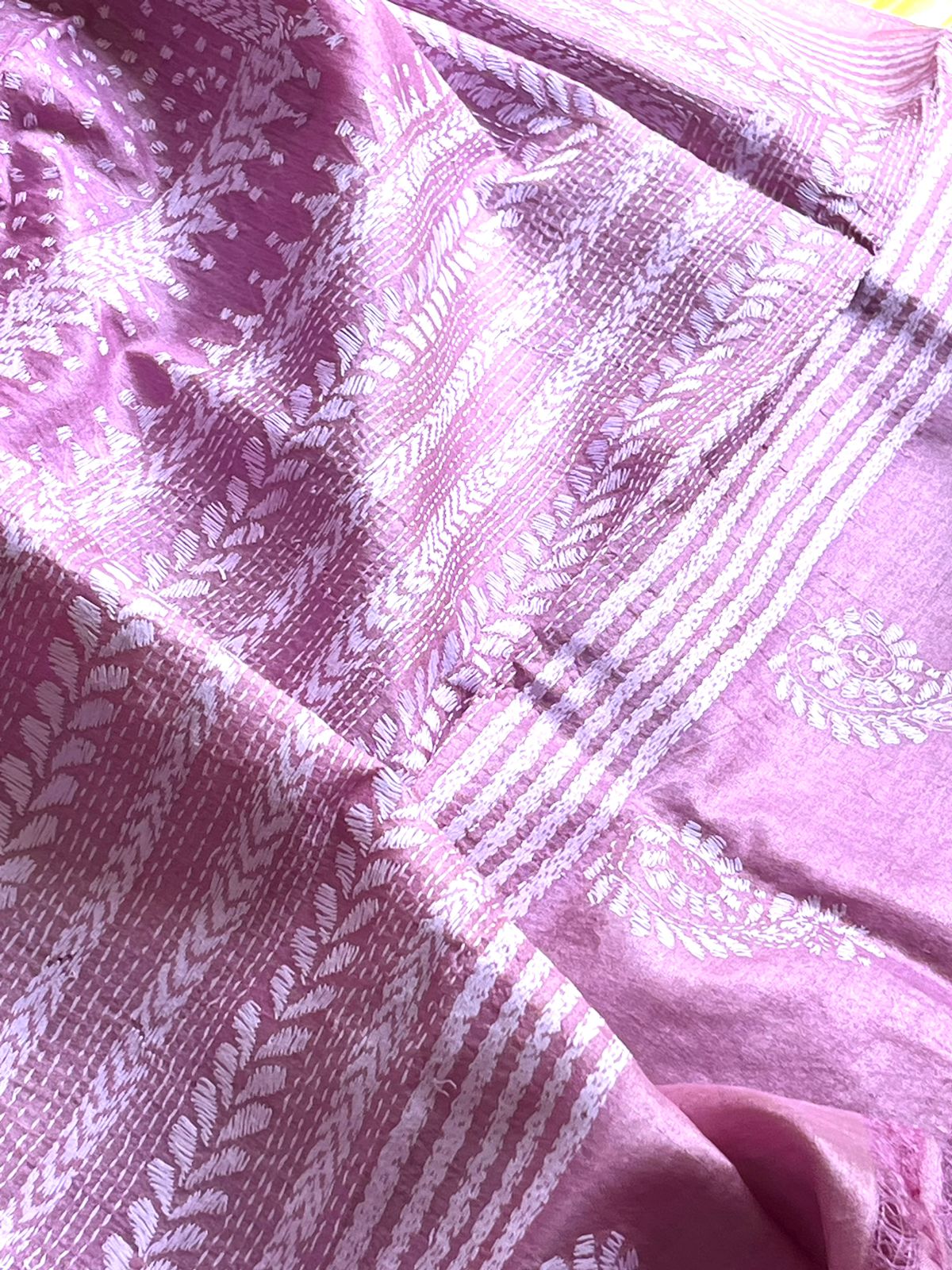 Pure Tussar Silk Handwoven Saree with hand Kantha Embroidery - Pastel Pink
