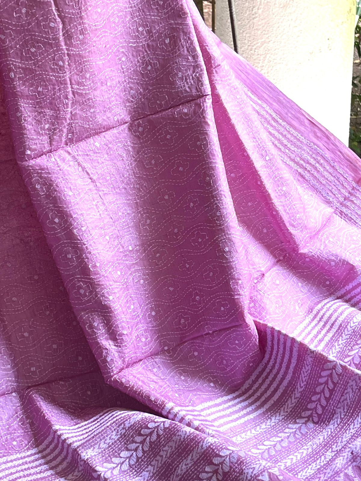 Pure Tussar Silk Handwoven Saree with hand Kantha Embroidery - Pastel Pink