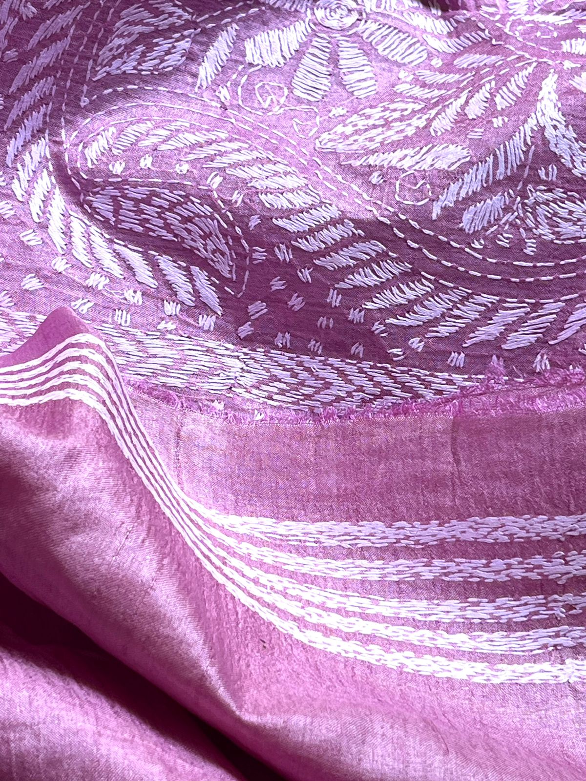 Pure Tussar Silk Handwoven Saree with hand Kantha Embroidery - Pastel Pink