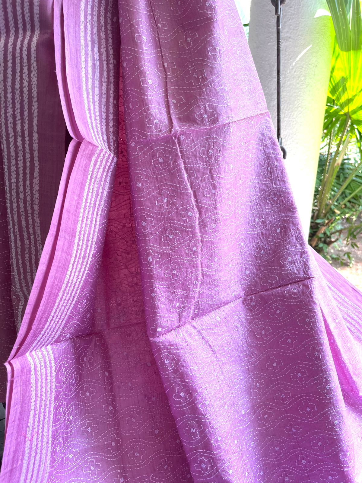 Pure Tussar Silk Handwoven Saree with hand Kantha Embroidery - Pastel Pink