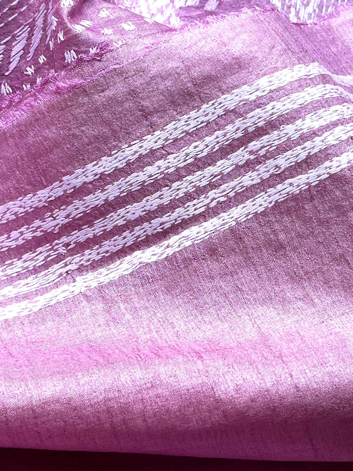 Pure Tussar Silk Handwoven Saree with hand Kantha Embroidery - Pastel Pink