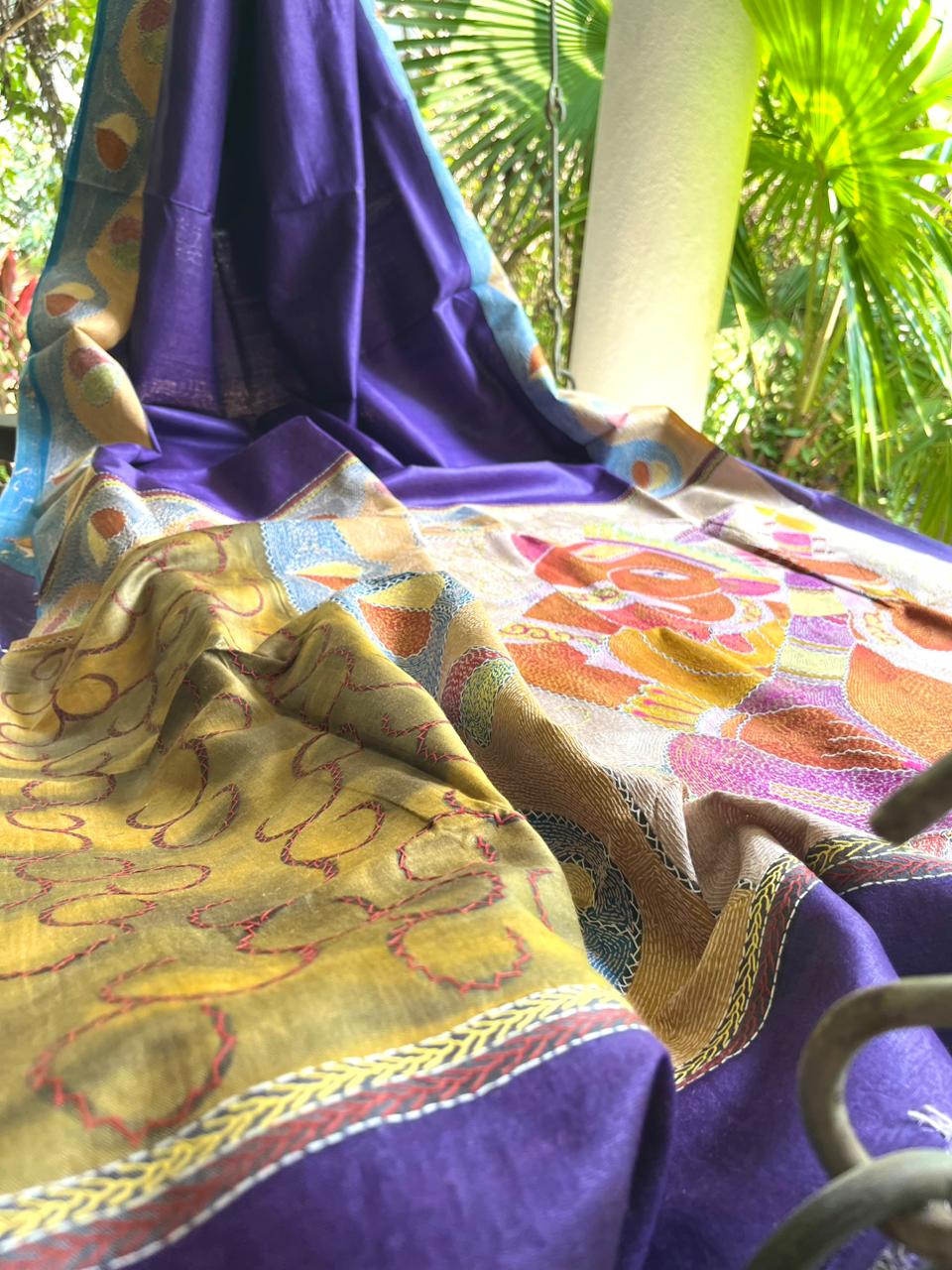 Pure Tussar Silk Handwoven Saree with hand Kantha Embroidery in Sujani Style - Ganpati Bappa