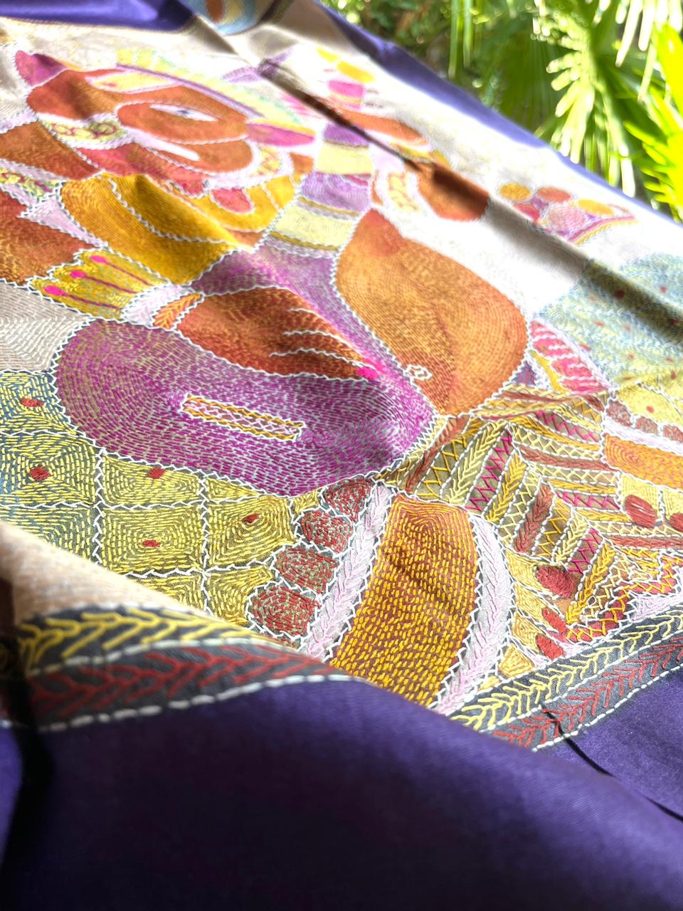 Pure Tussar Silk Handwoven Saree with hand Kantha Embroidery in Sujani Style - Ganpati Bappa