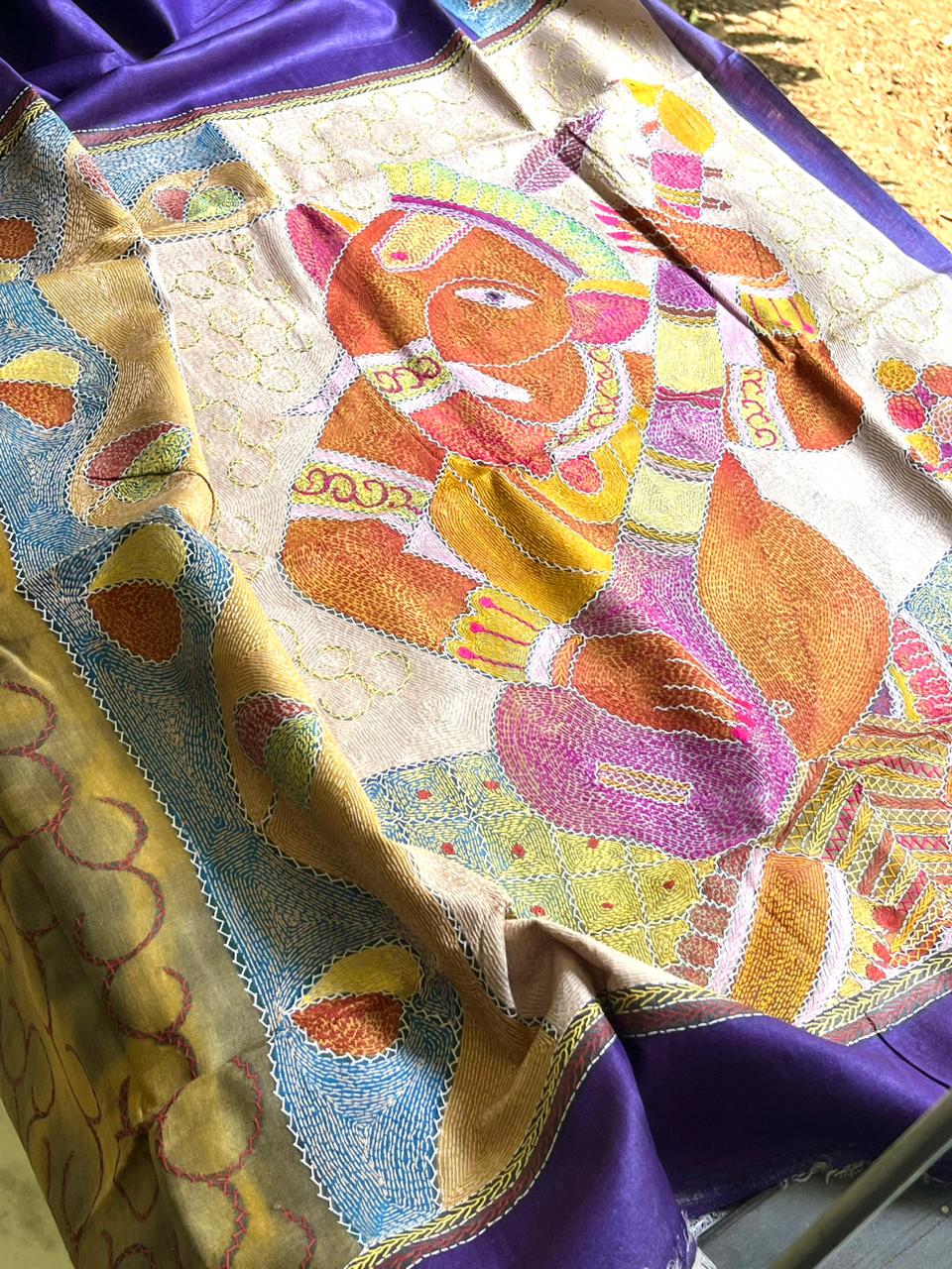 Pure Tussar Silk Handwoven Saree with hand Kantha Embroidery in Sujani Style - Ganpati Bappa