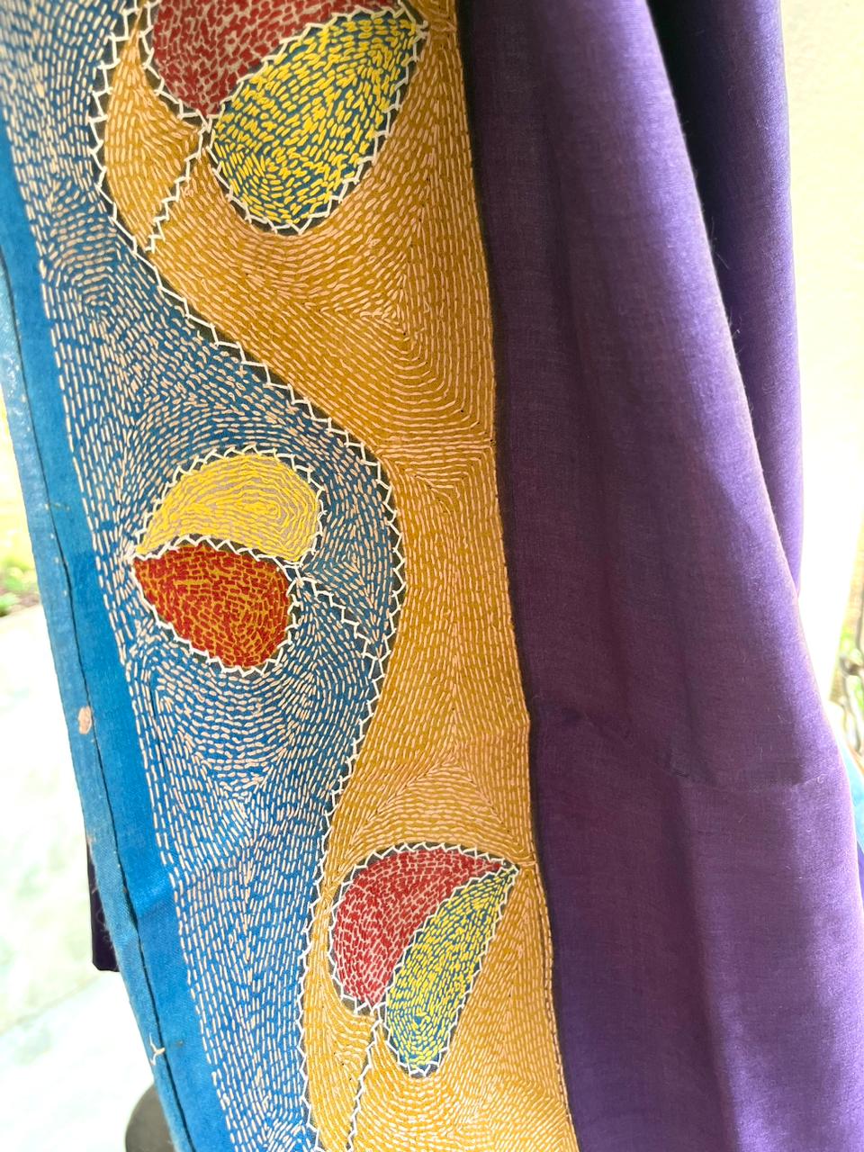 Pure Tussar Silk Handwoven Saree with hand Kantha Embroidery in Sujani Style - Ganpati Bappa