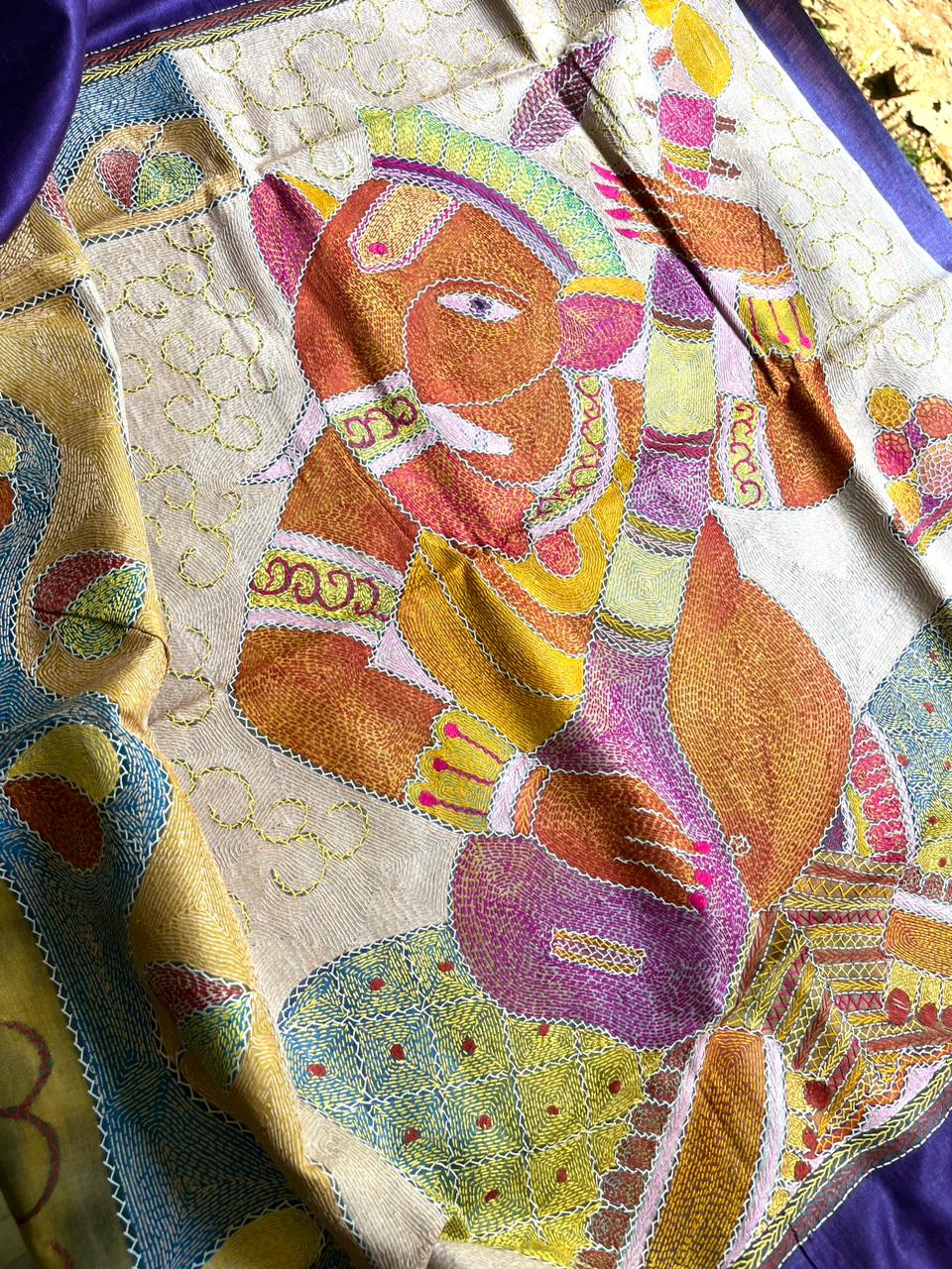 Pure Tussar Silk Handwoven Saree with hand Kantha Embroidery in Sujani Style - Ganpati Bappa