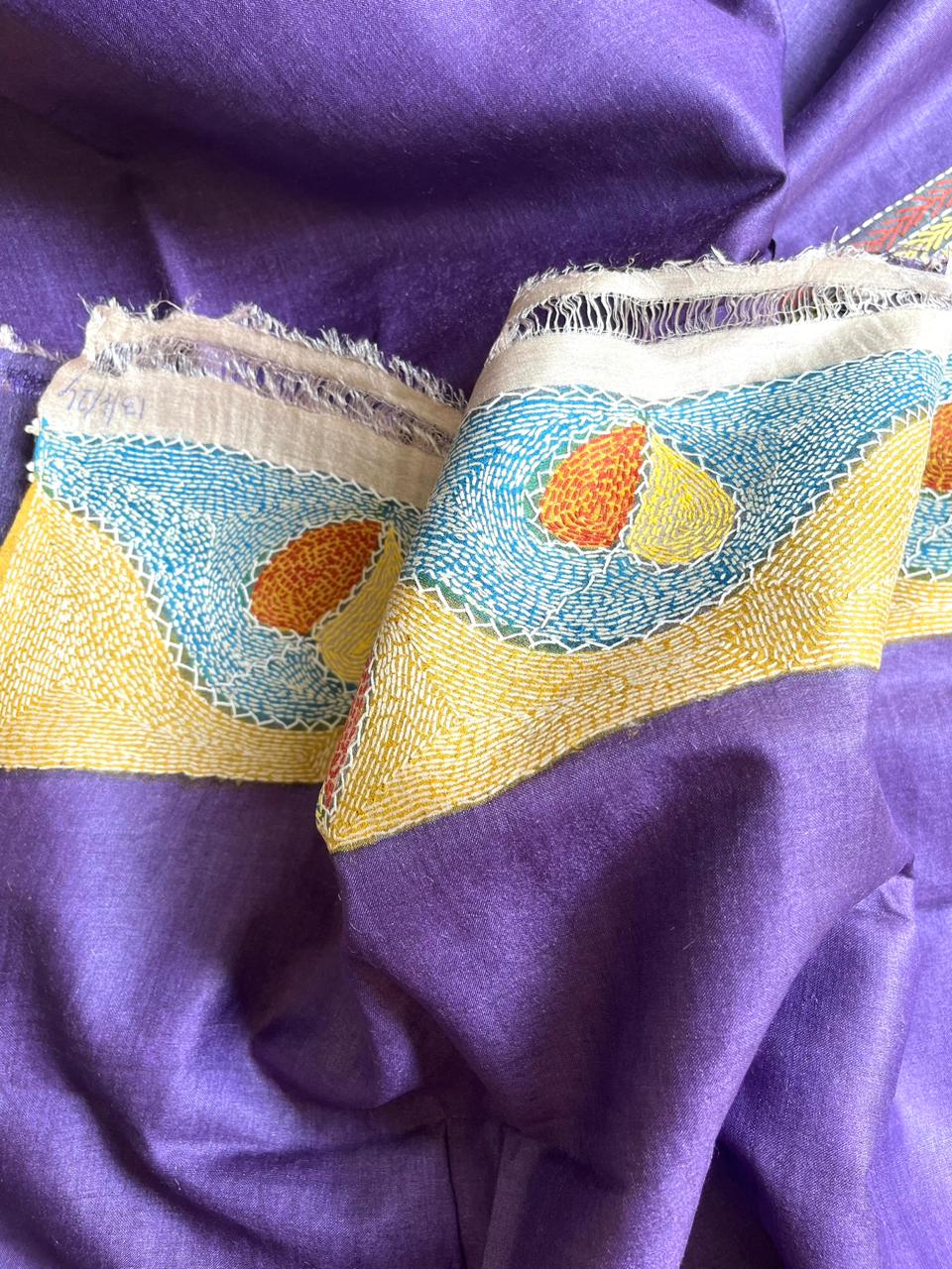 Pure Tussar Silk Handwoven Saree with hand Kantha Embroidery in Sujani Style - Ganpati Bappa