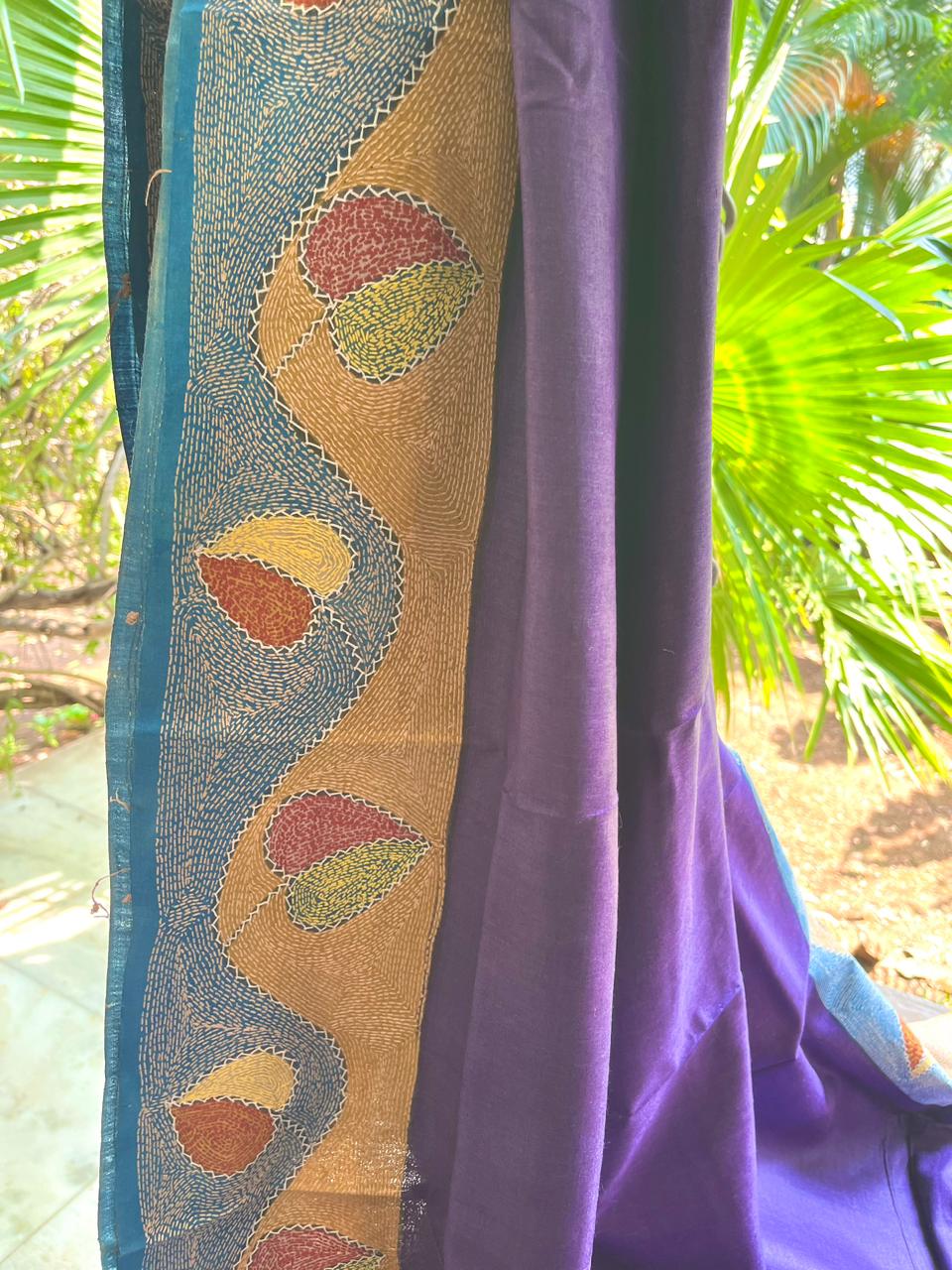 Pure Tussar Silk Handwoven Saree with hand Kantha Embroidery in Sujani Style - Ganpati Bappa