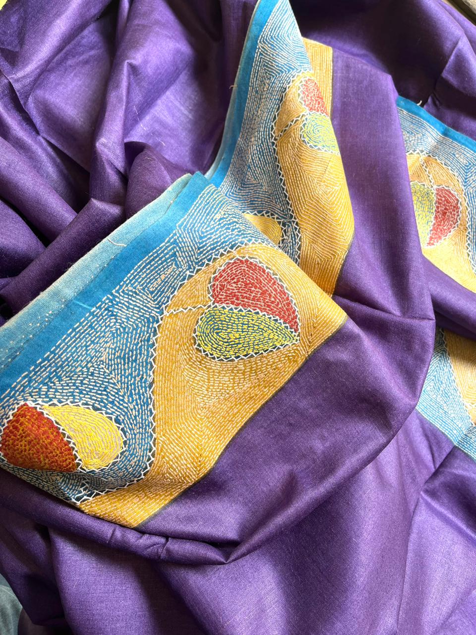 Pure Tussar Silk Handwoven Saree with hand Kantha Embroidery in Sujani Style - Ganpati Bappa