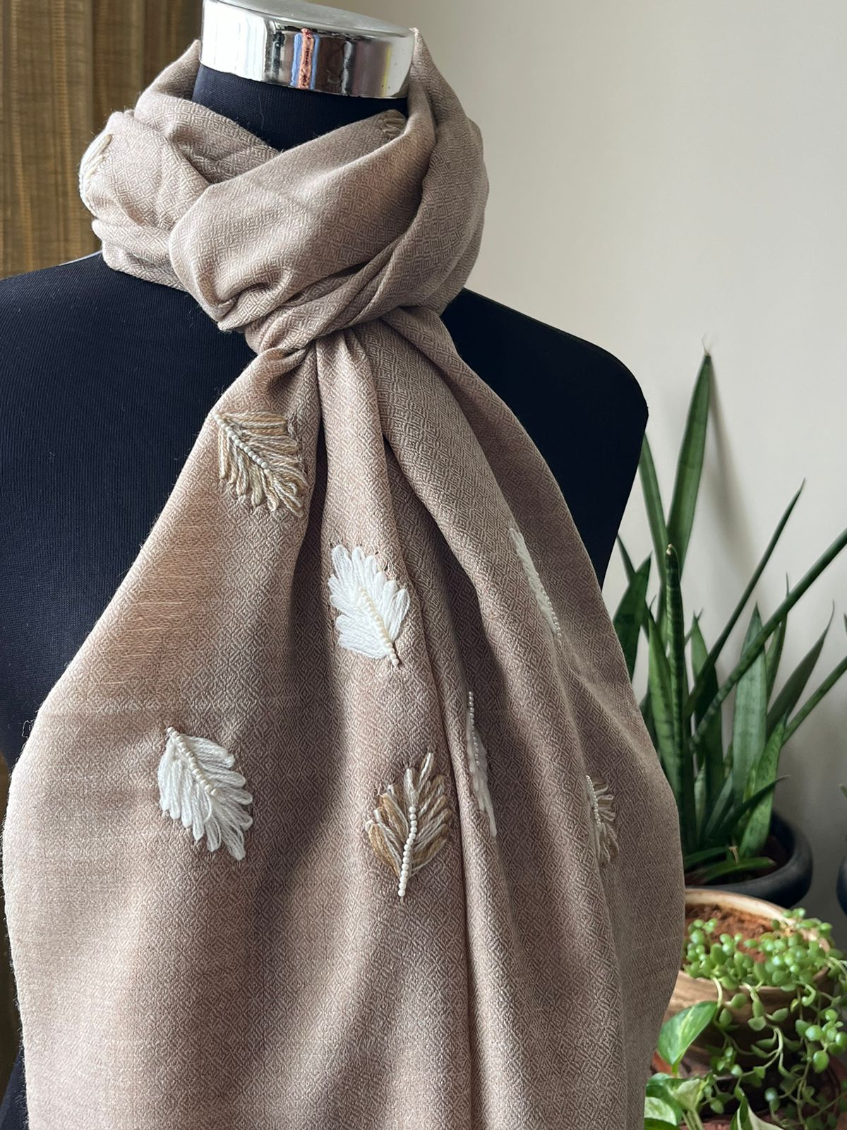 Pure Wool Stoles Scarf with Hand Embroidered Leaves