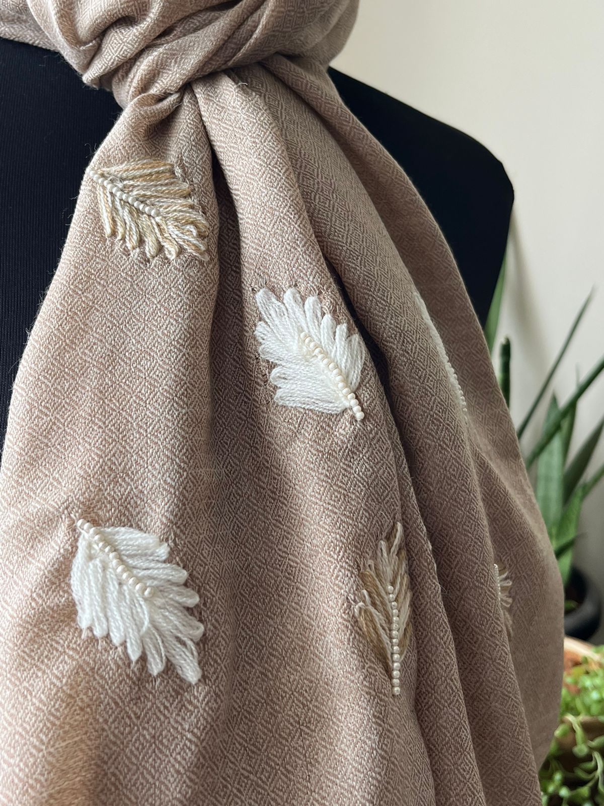 Pure Wool Stoles Scarf with Hand Embroidered Leaves