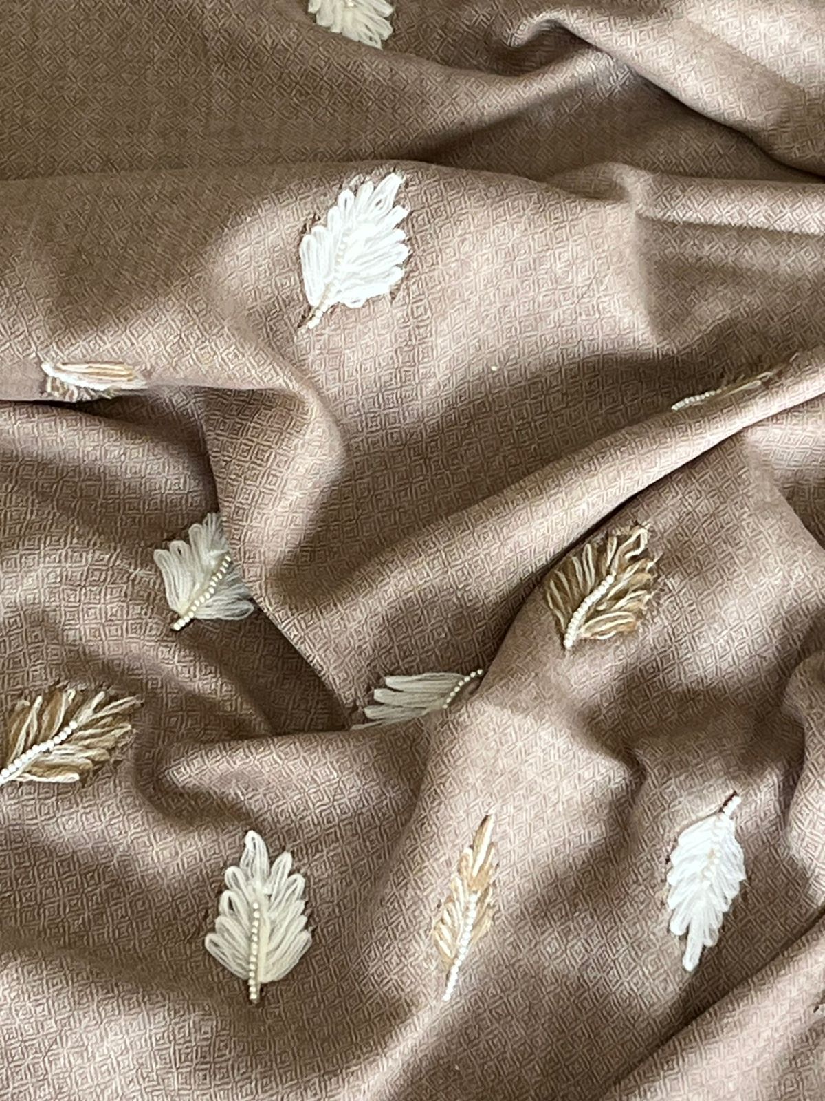 Pure Wool Stoles Scarf with Hand Embroidered Leaves