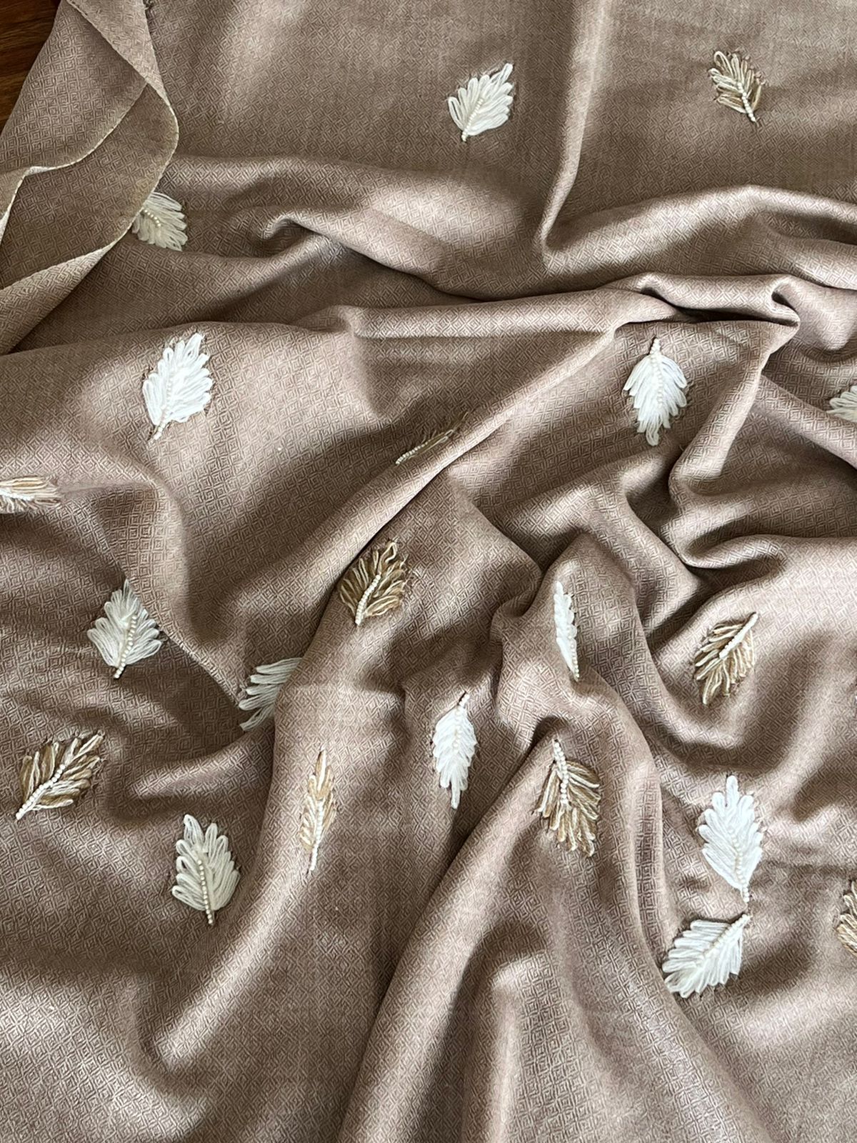 Pure Wool Stoles Scarf with Hand Embroidered Leaves