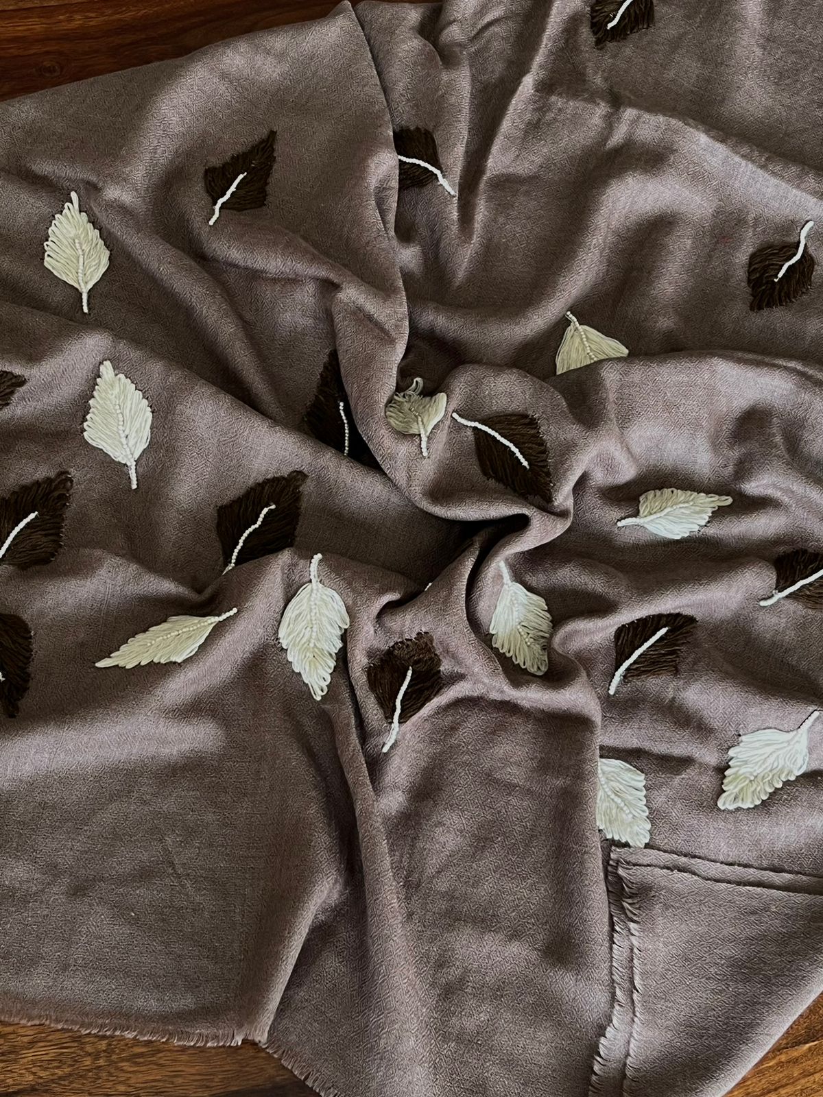 Pure Wool Stoles Scarf with Hand Embroidered Leaves