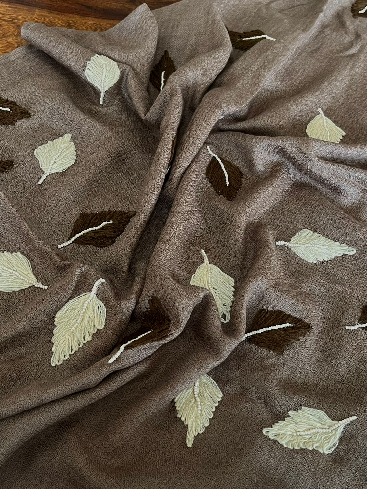 Pure Wool Stoles Scarf with Hand Embroidered Leaves